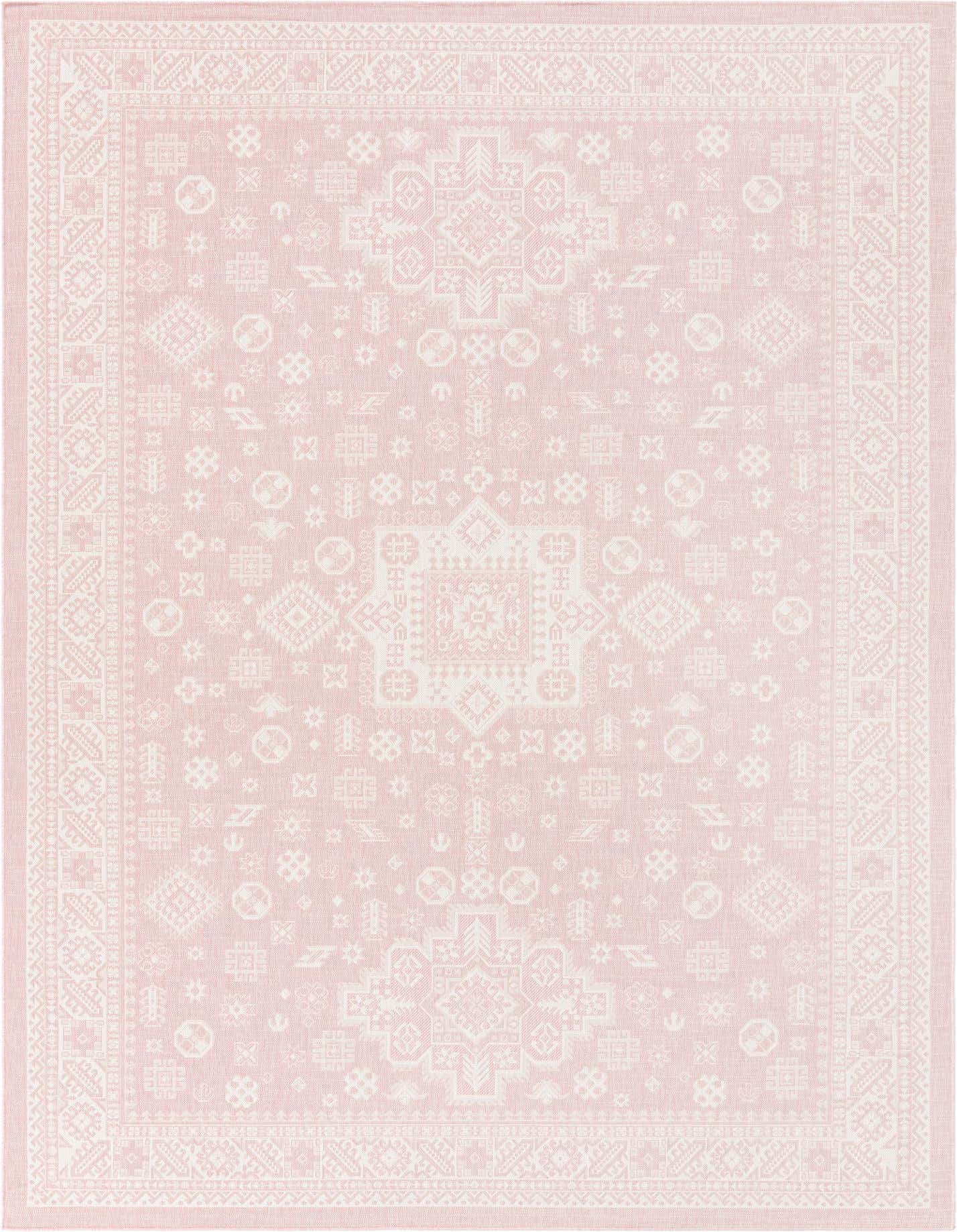 A 10x14 rectangular pink Southwestern flatweave rug with a subtle white tribal pattern and border.