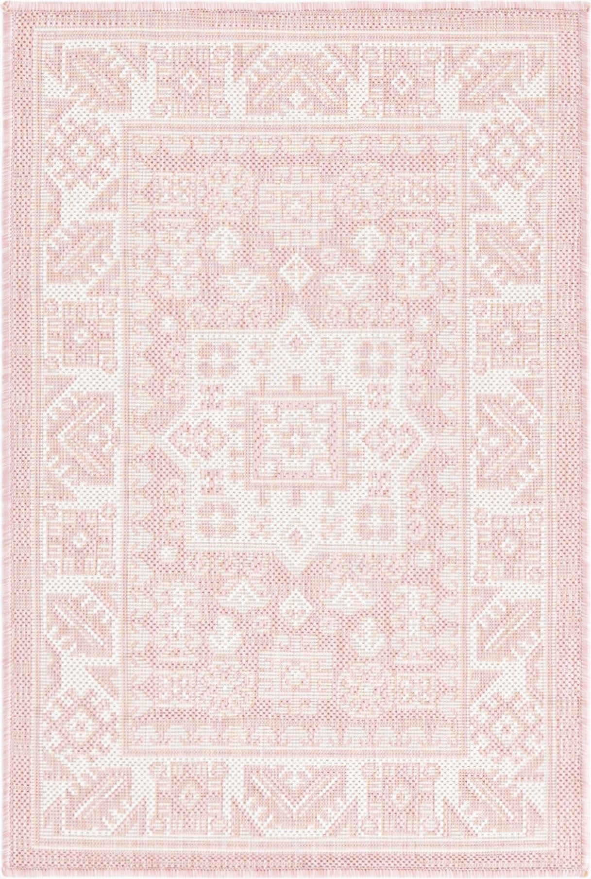 A 2x3 rectangular pink and white Southwestern flatweave rug featuring a tribal geometric pattern and border.