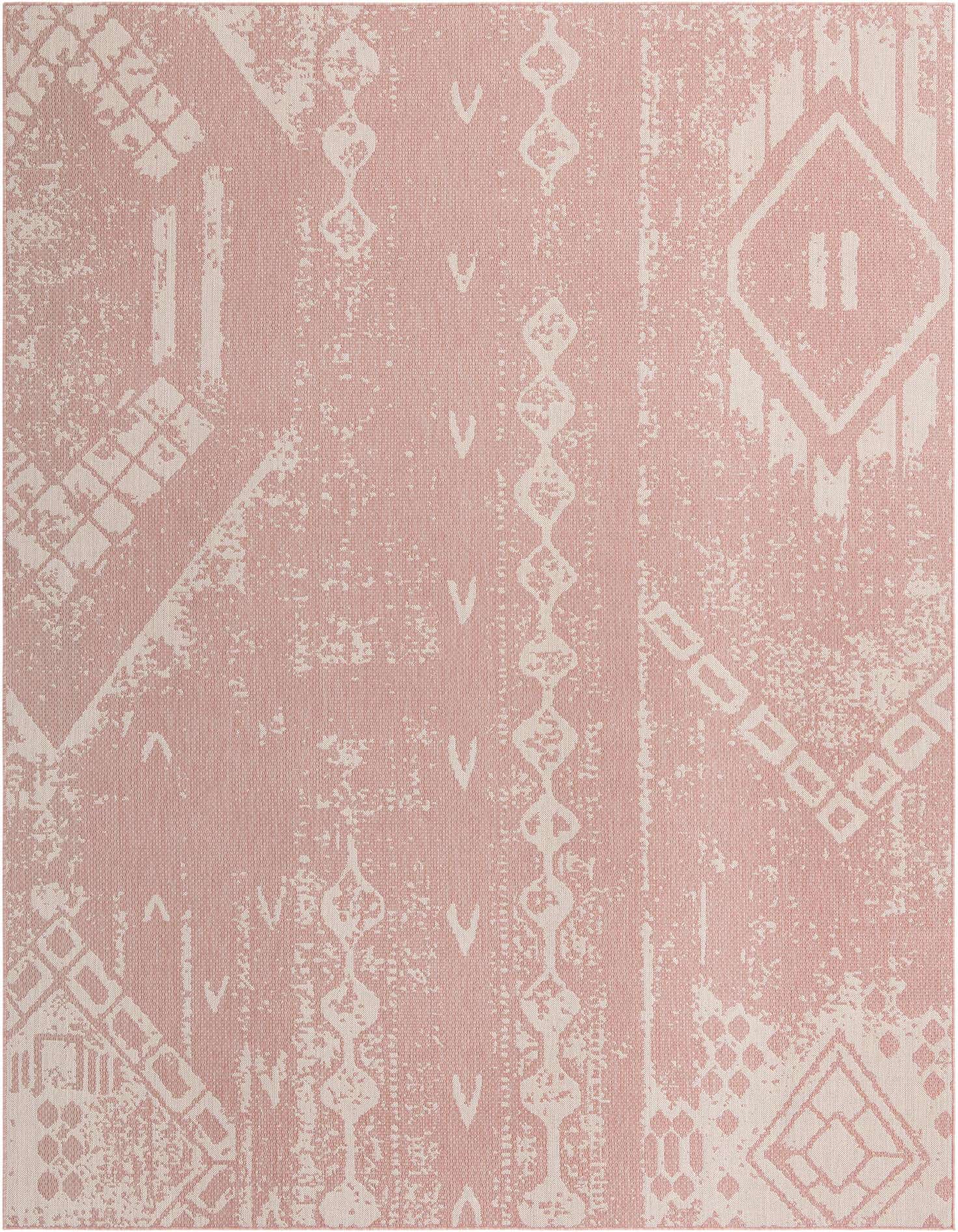 A 10x13 rectangular pink and off-white indoor/outdoor rug with a distressed traditional and bohemian pattern, suitable for a living room or patio.