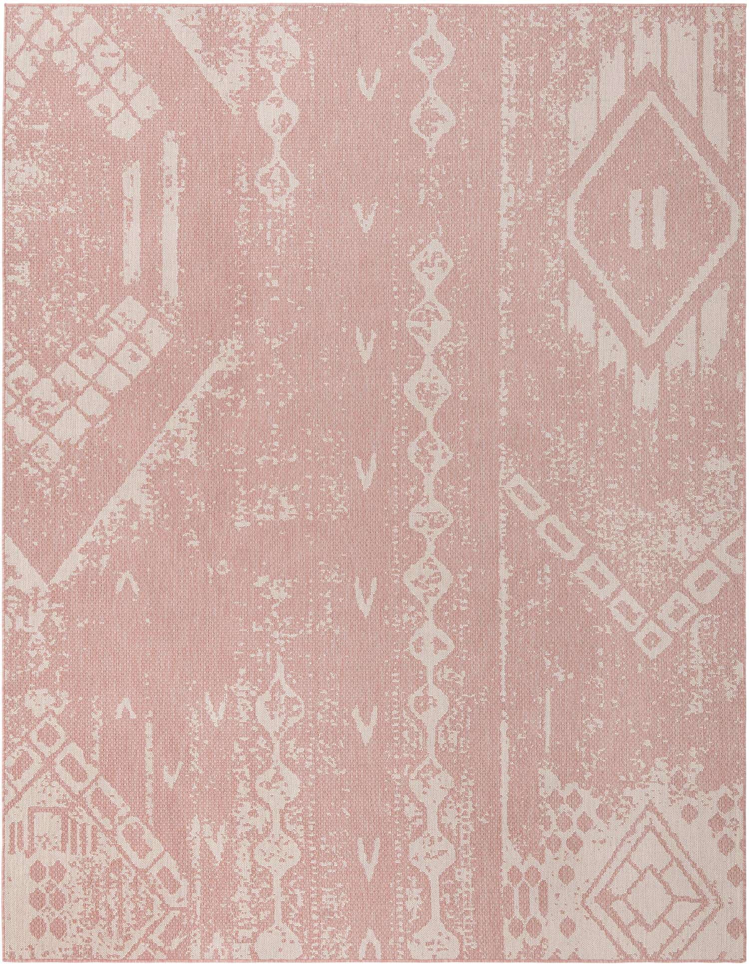 A 9x12 rectangular pink and off-white indoor/outdoor rug with a distressed traditional geometric pattern.