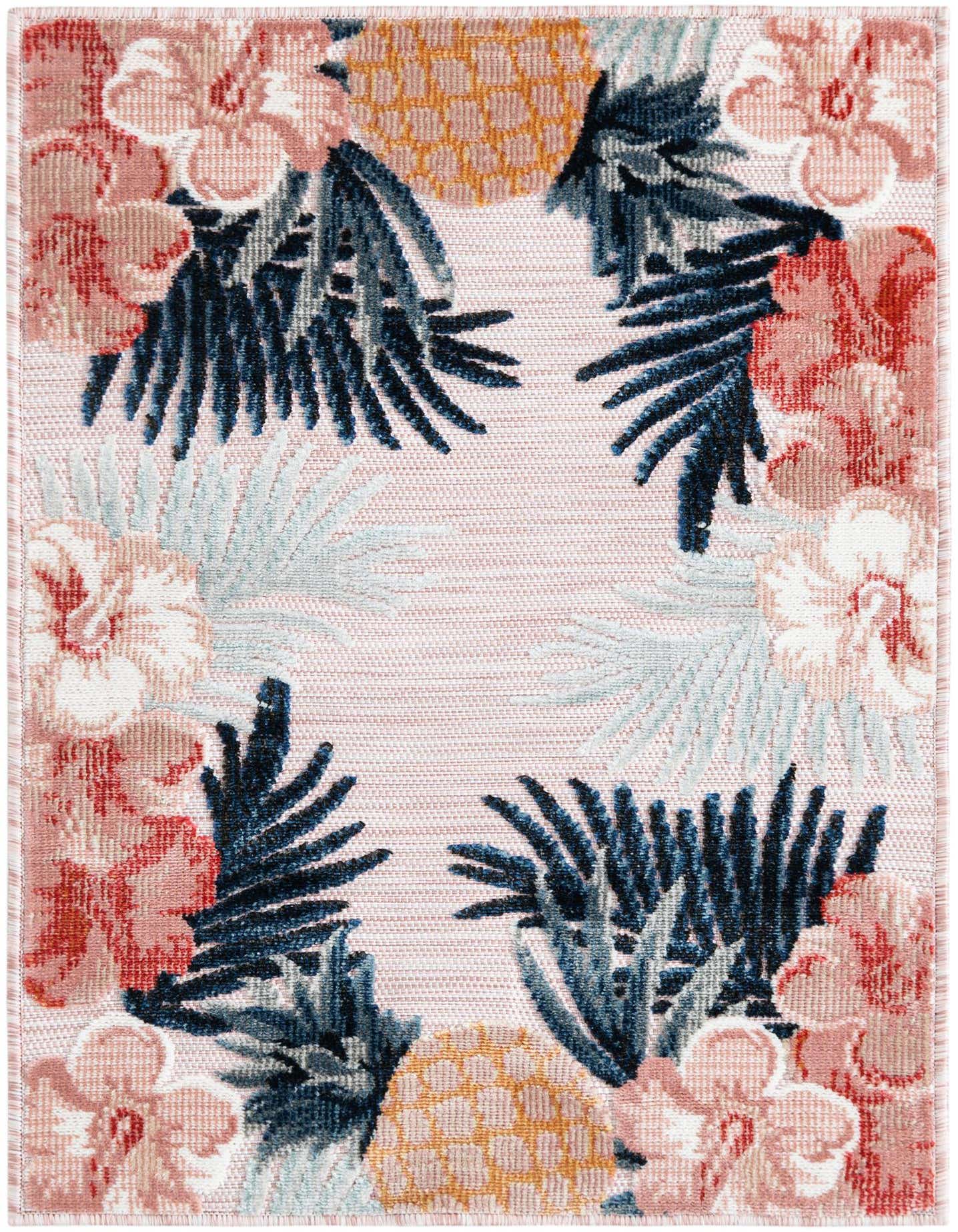 A 2x3 rectangular pink tropical rug with a border of hibiscus flowers, palm fronds, and pineapples, suitable for indoor or outdoor use.