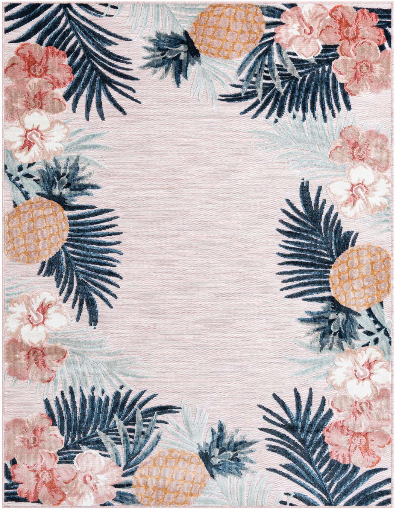 A 5x8 rectangular pink tropical rug with a border of dark blue palm fronds, pink and white hibiscus flowers, and yellow pineapples.