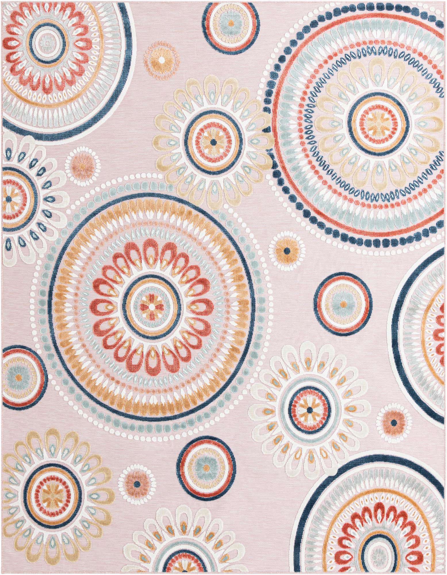 A large 8x10 rectangular pink rug with a modern abstract pattern of colorful concentric circles and floral motifs.