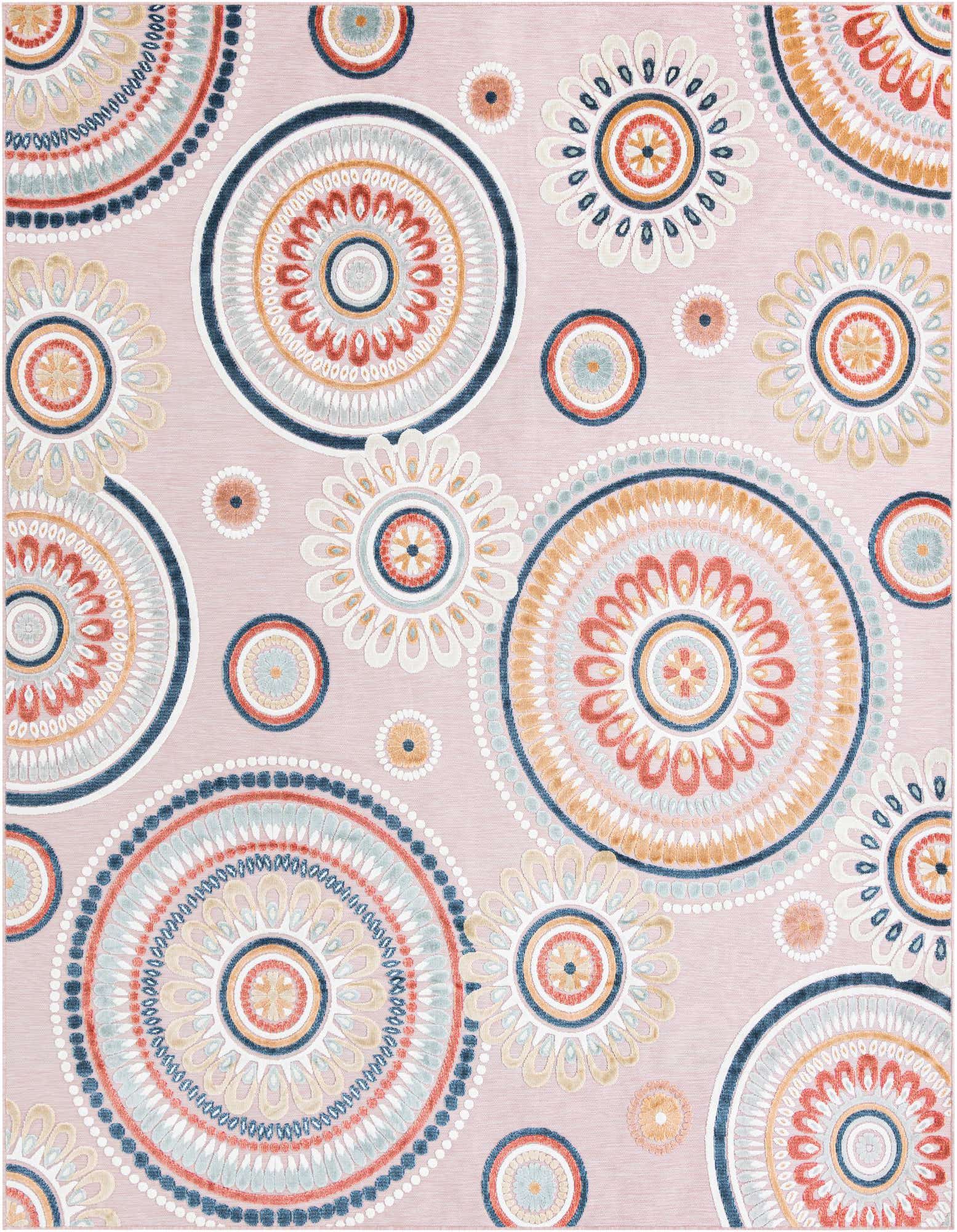 A 9x12 rectangular pink indoor/outdoor rug with a modern abstract pattern of large and small colorful medallions and floral shapes.
