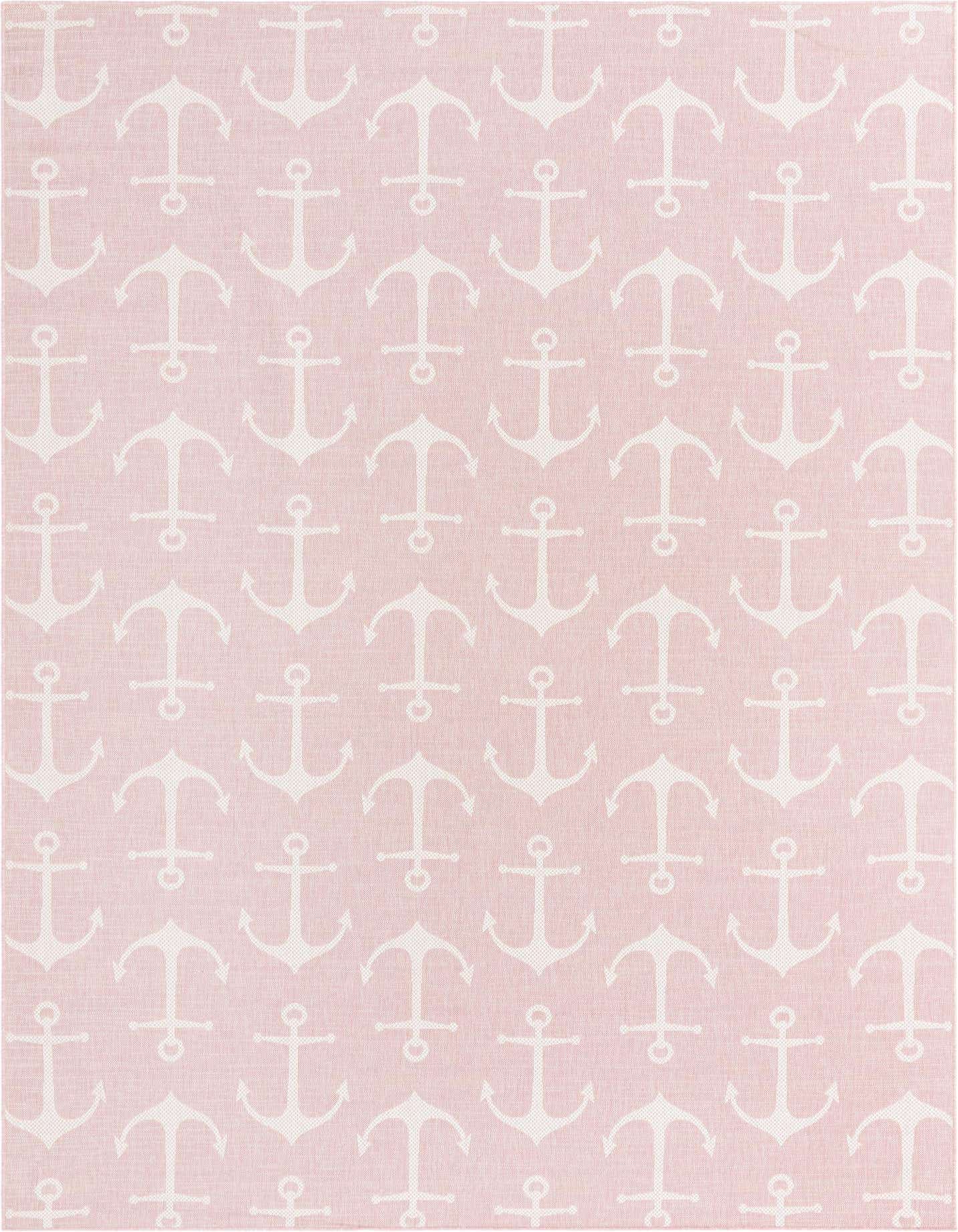A 10x14 rectangular pink indoor/outdoor rug with a repeating pattern of white anchors, ideal for a patio.