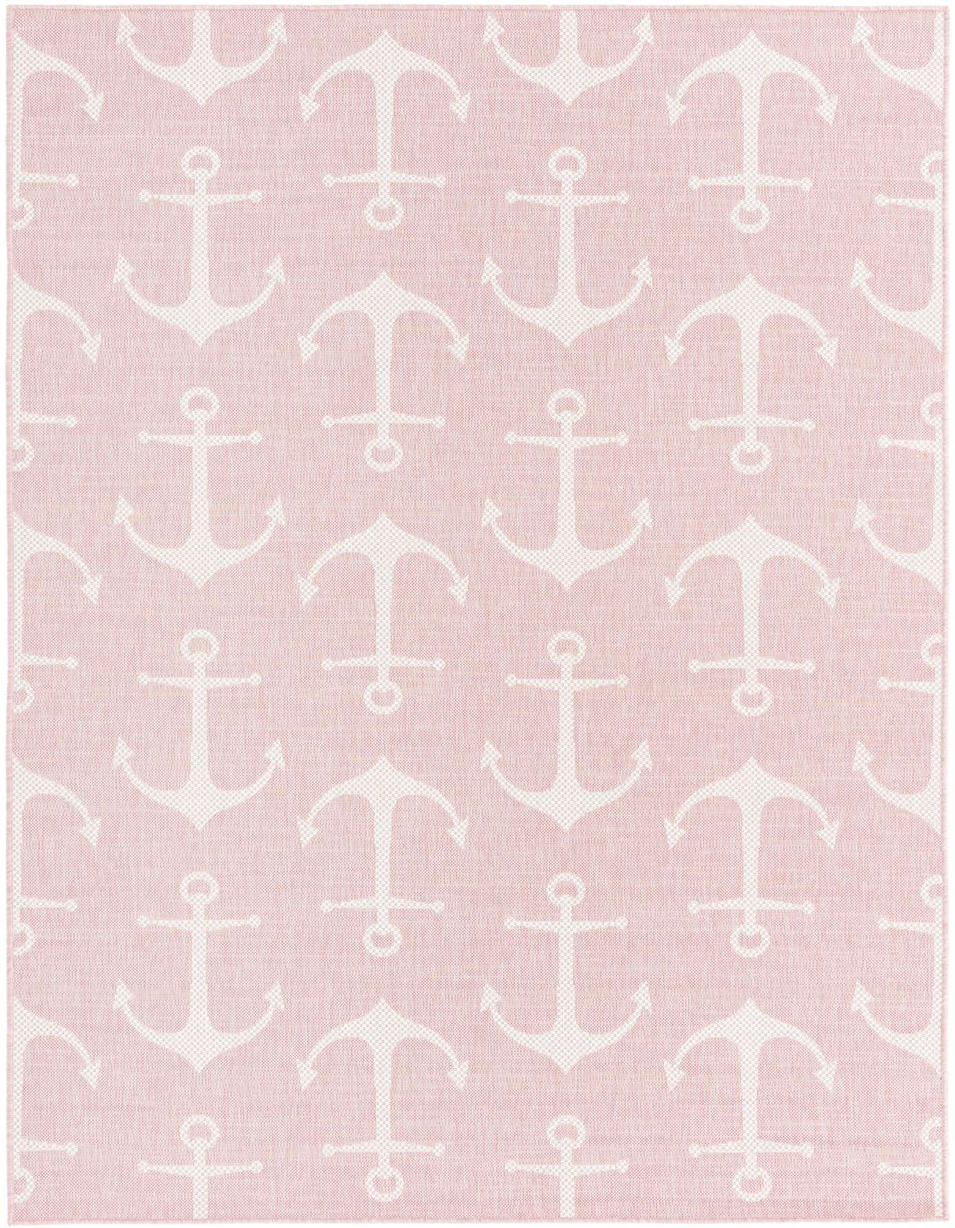 A 6x9 rectangular pink indoor/outdoor rug with a repeating pattern of white anchors, ideal for a patio or living room.