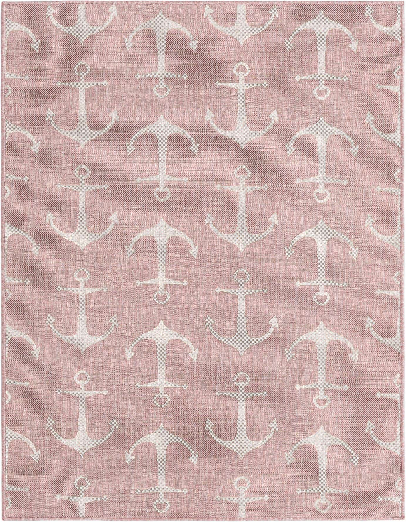 A 4x6 rectangular pink and white indoor/outdoor rug with a repeating nautical anchor pattern, perfect for a patio or kid's room.