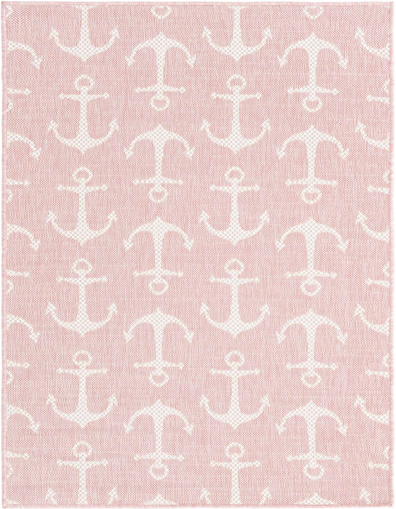 A 3x5 rectangular pink indoor/outdoor rug with a repeating white anchor pattern, ideal for a coastal-themed room or patio.