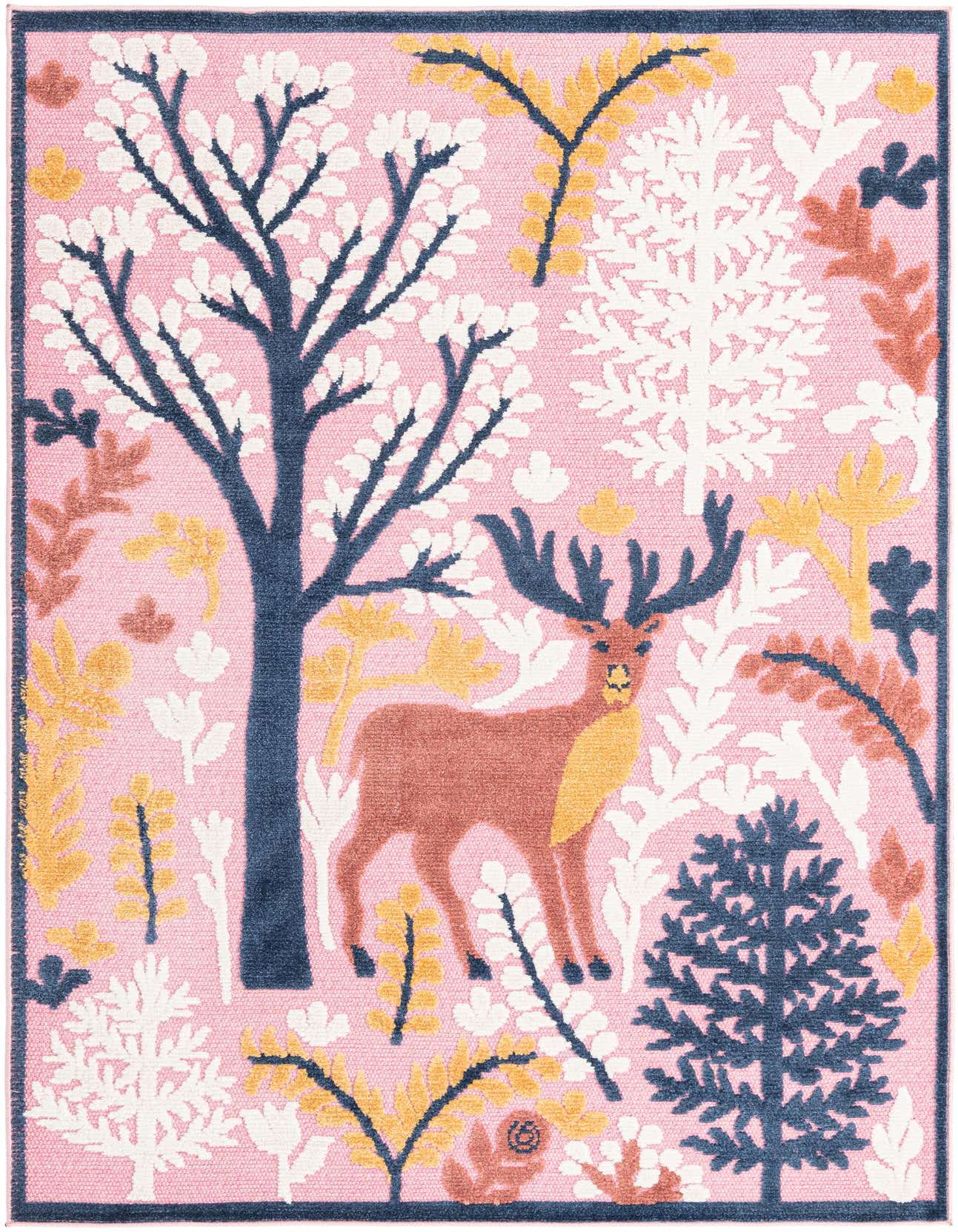 A 5x8 rectangular pink rug with a modern forest pattern featuring a deer, trees, and foliage in white, blue, yellow, and orange.
