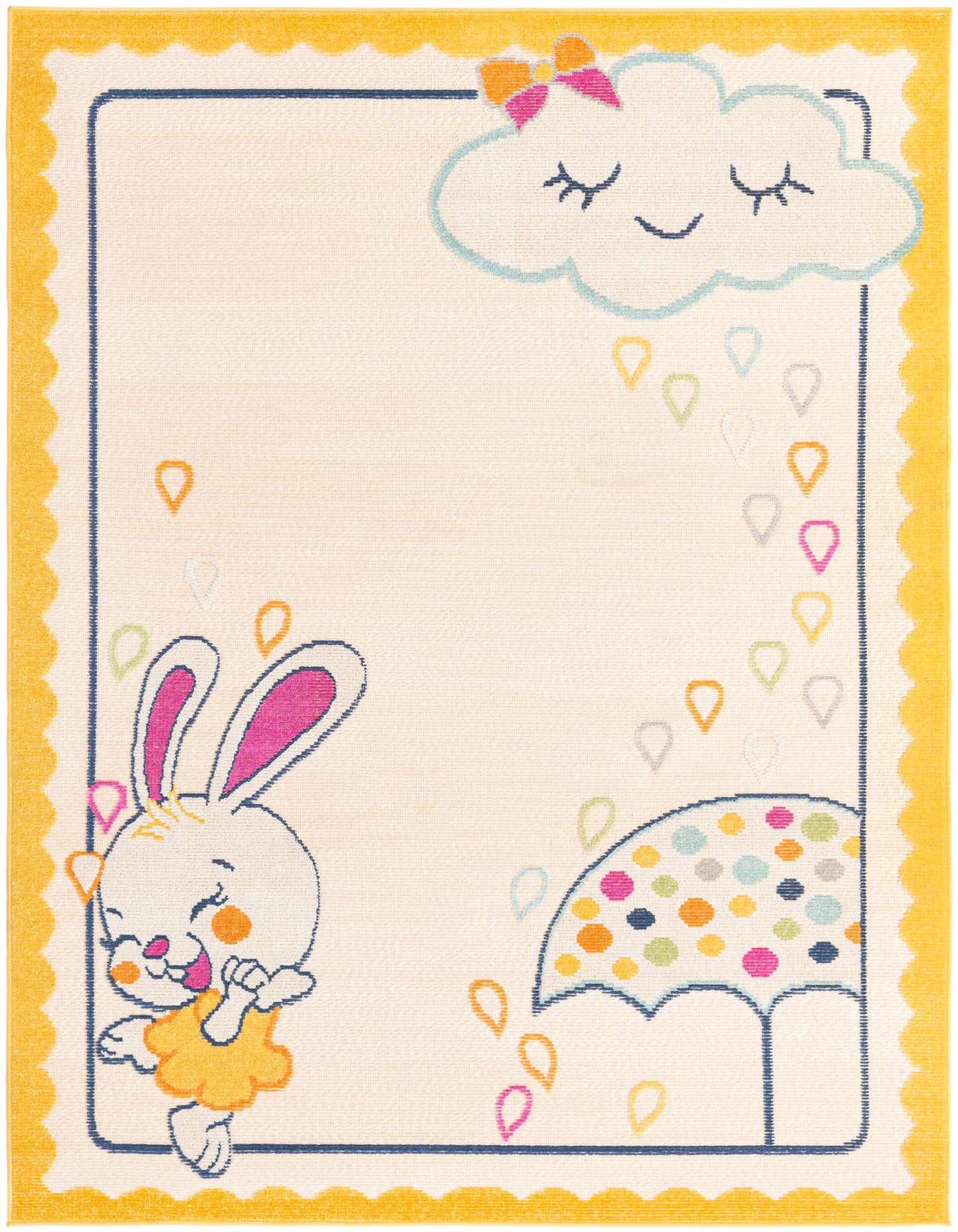 A 5x8 rectangular indoor/outdoor rug with a playful design featuring a happy bunny, a smiling cloud with a pink bow, colorful raindrops, and a polka-dotted umbrella, all framed by a yellow scalloped border.