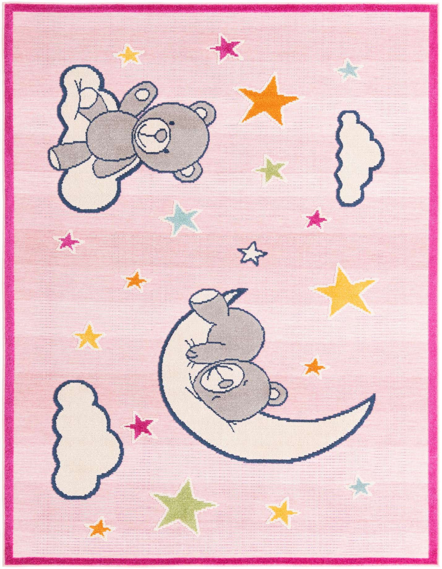 A 5x8 rectangular pink modern rug with a sleeping gray teddy bear on a crescent moon and another floating among colorful stars and clouds, perfect for a child's room.
