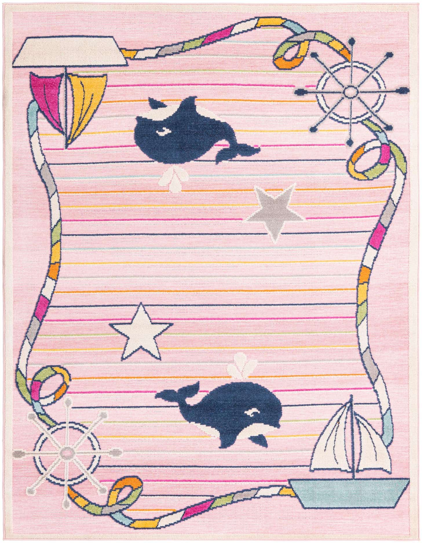 A 5x8 rectangular pink rug with colorful stripes, featuring playful whales, stars, a sailboat, and ship wheels, framed by a colorful rope border, perfect for a child's room or play area.