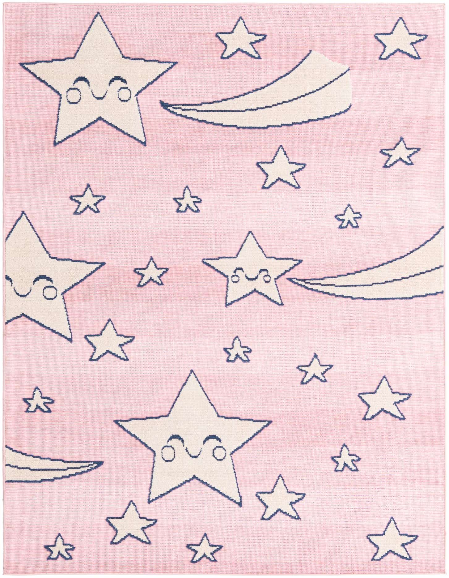 A 5x8 rectangular pink indoor/outdoor rug with a modern pattern of smiling white stars and shooting stars, outlined in navy blue.