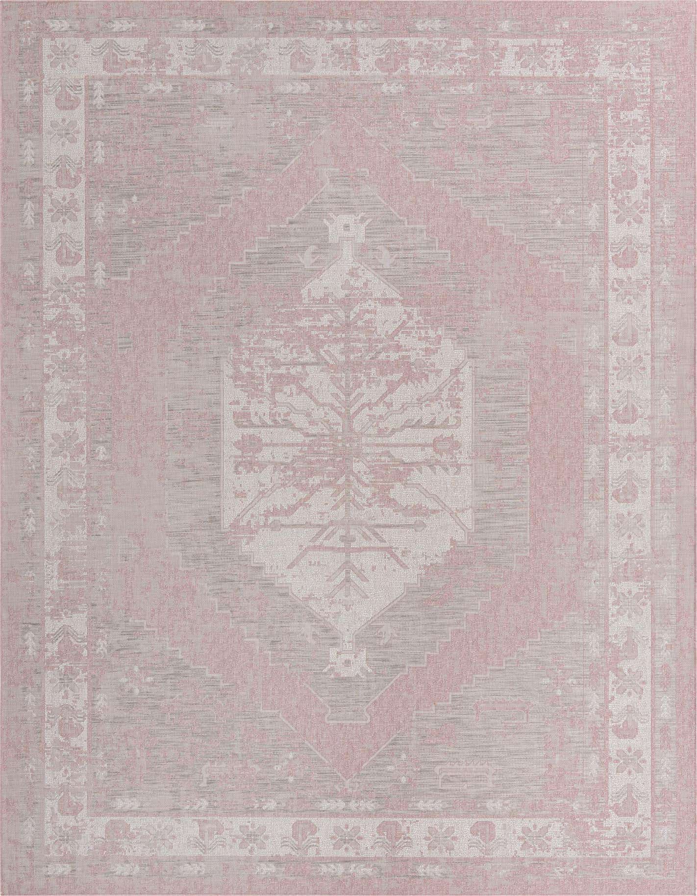 A 10x14 rectangular pink and grey Southwestern-style indoor/outdoor rug with a distressed traditional pattern.