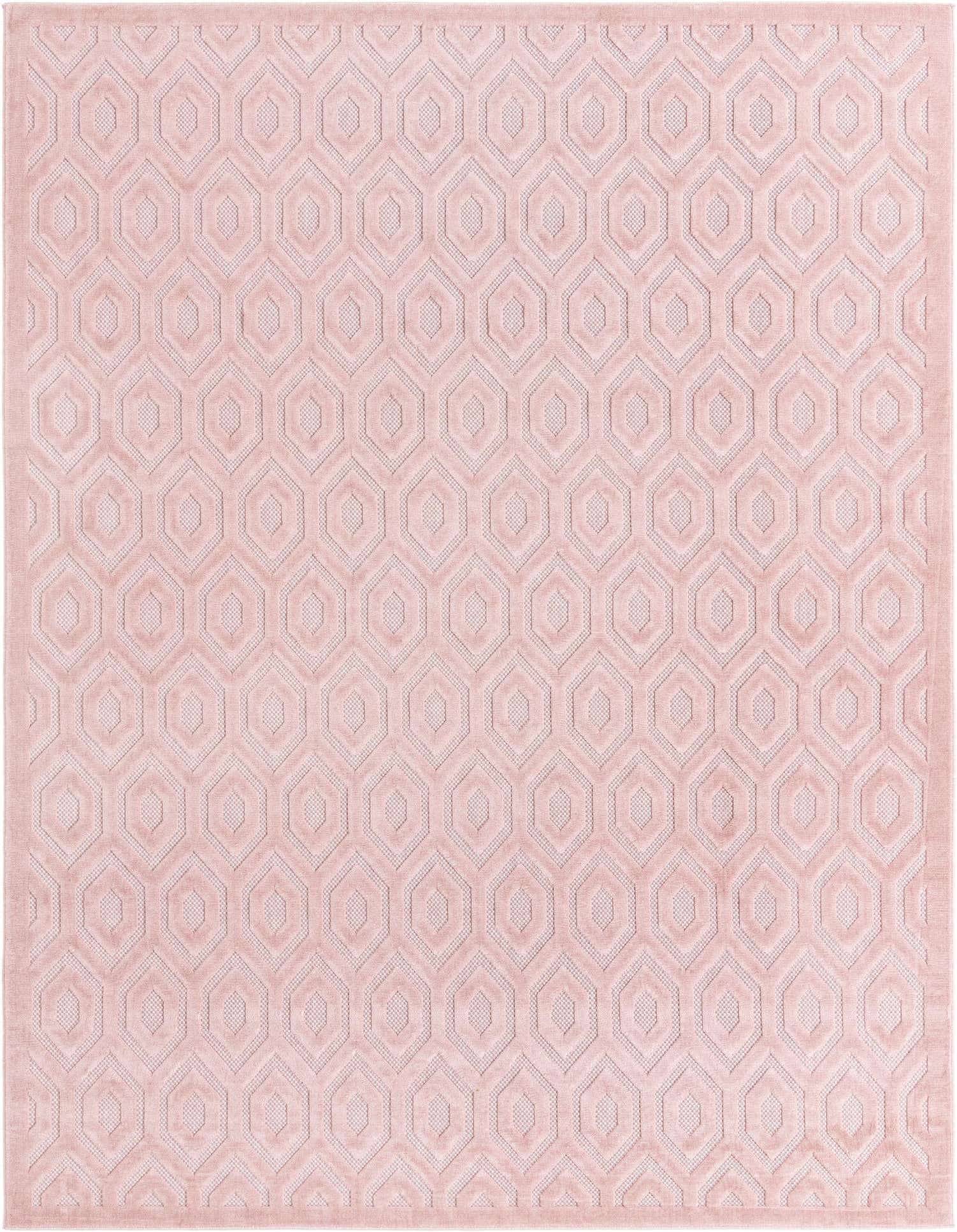 A 9x12 rectangular pink area rug with a modern, textured high-low hexagonal pattern, suitable for indoor or outdoor spaces.