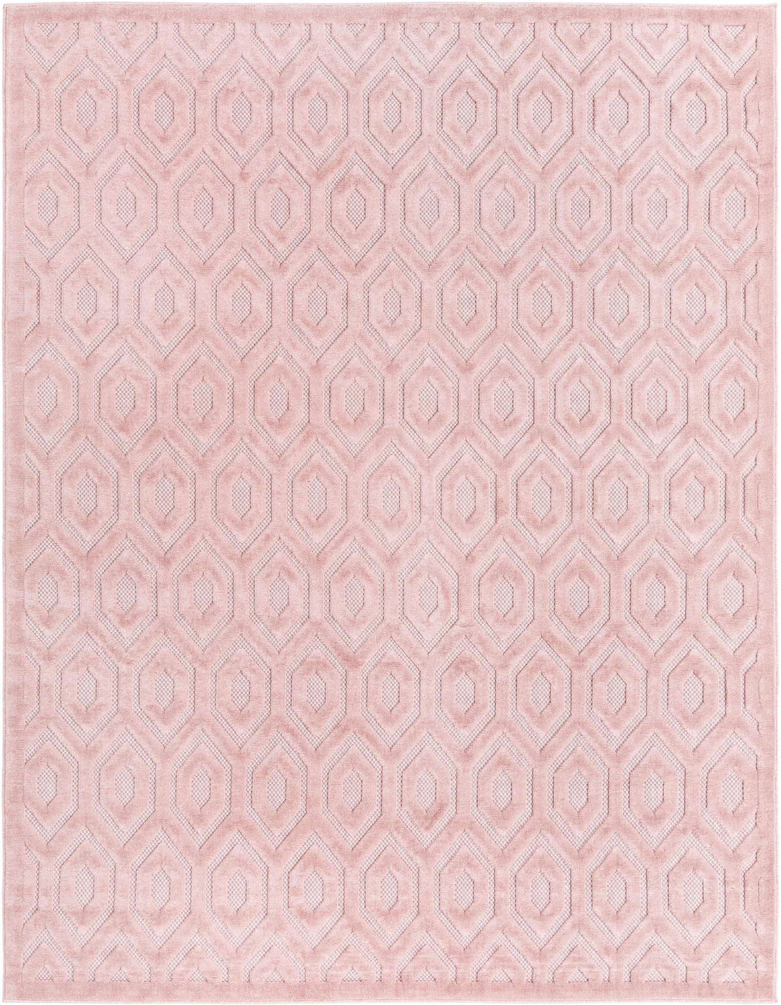 A rectangular 8x10 pink polypropylene rug featuring a modern textured high-low geometric honeycomb pattern, suitable for indoor or outdoor use.
