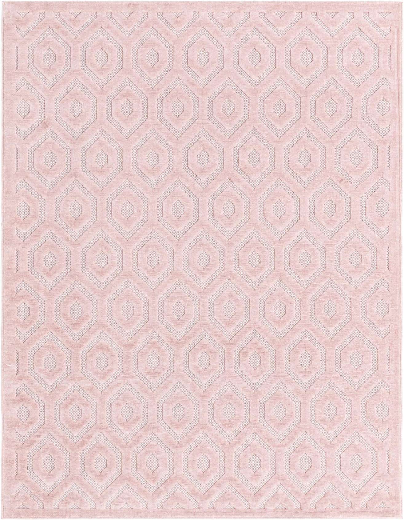A 6x9 rectangular pink rug with a modern textured geometric trellis pattern, suitable for indoor or outdoor use.