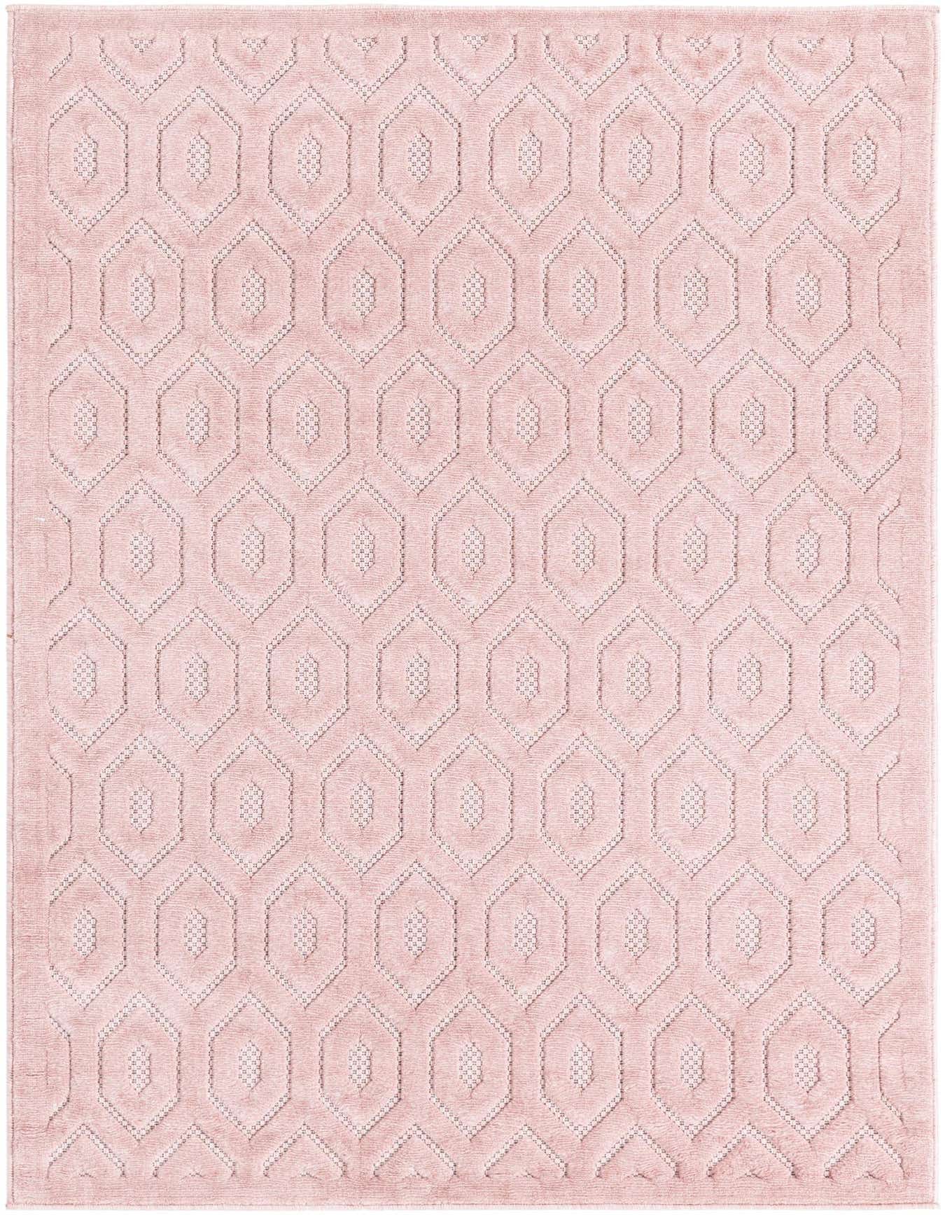 A 4x6 rectangular pink rug with a modern textured honeycomb pattern, suitable for indoor or outdoor spaces.