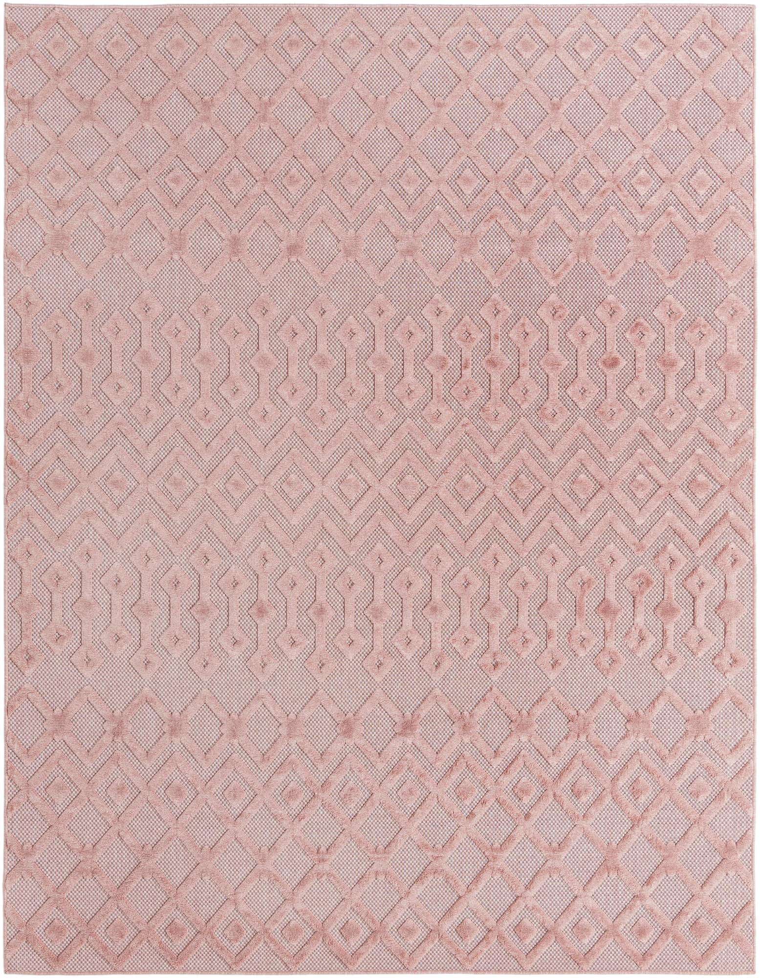 A rectangular 8x10 pink tribal trellis rug with a high-low textured pile, suitable for indoor or outdoor use.