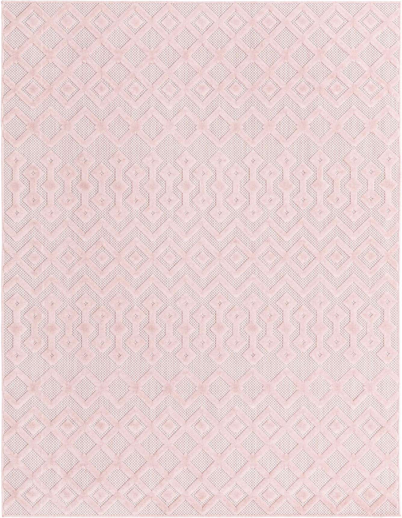 A 6x9 rectangular pink polypropylene rug featuring a modern tribal trellis pattern with a high-low textured pile.
