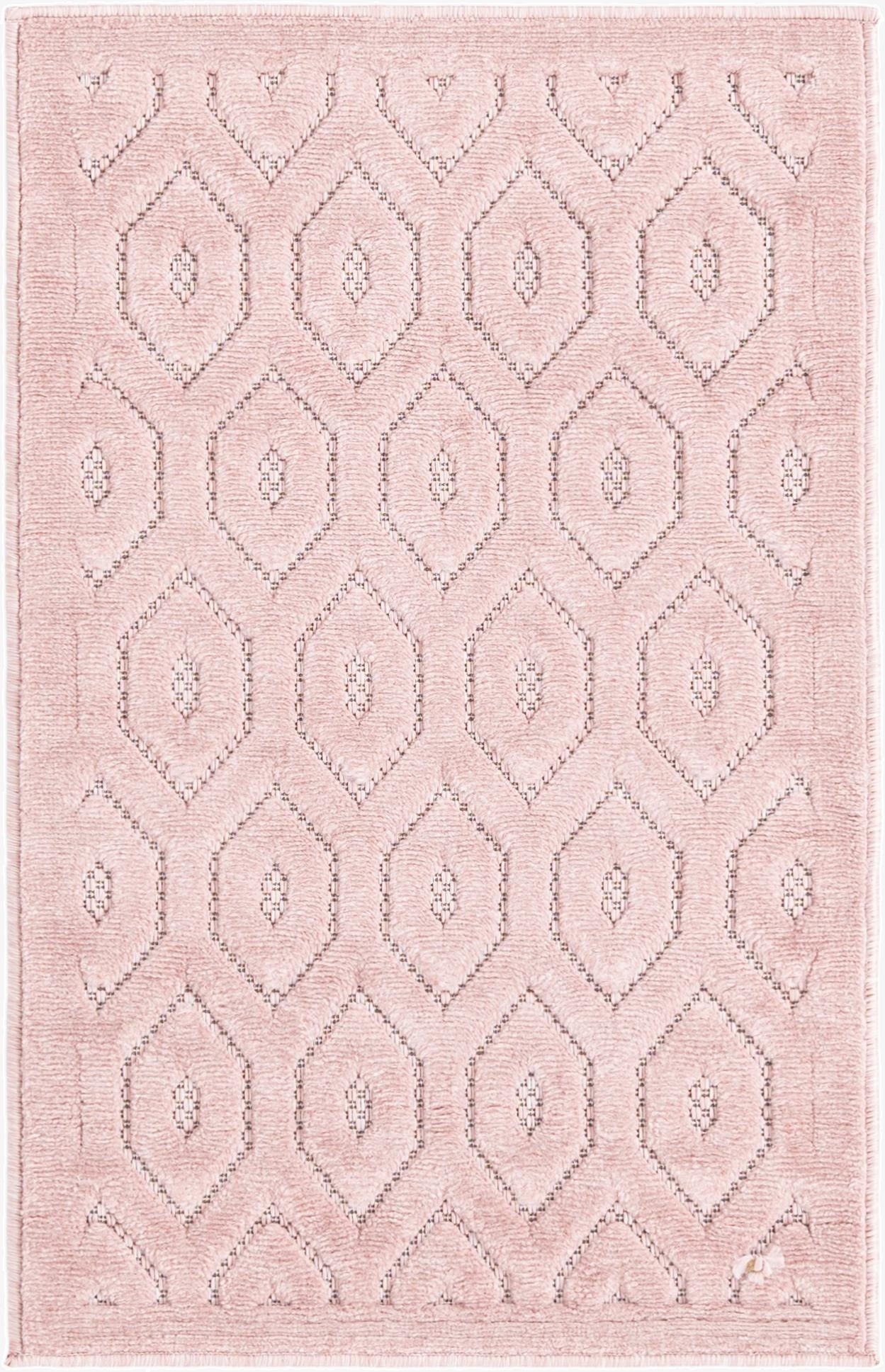 A 2x3 rectangular pink polypropylene rug with a modern textured geometric trellis pattern, suitable for indoor or outdoor use.