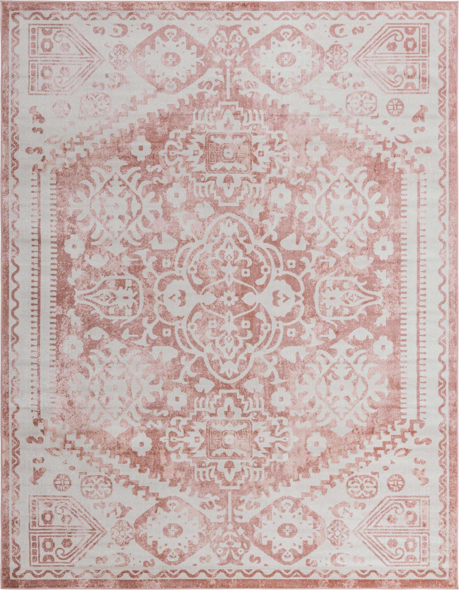 A 10x13 rectangular pink and white Bohemian area rug with a vintage medallion pattern, ideal for a living room.