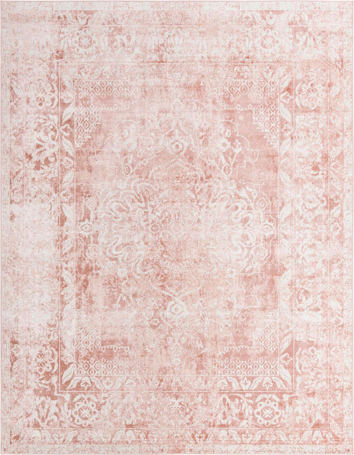 A 10x13 rectangular pink and white traditional area rug with a vintage medallion pattern.