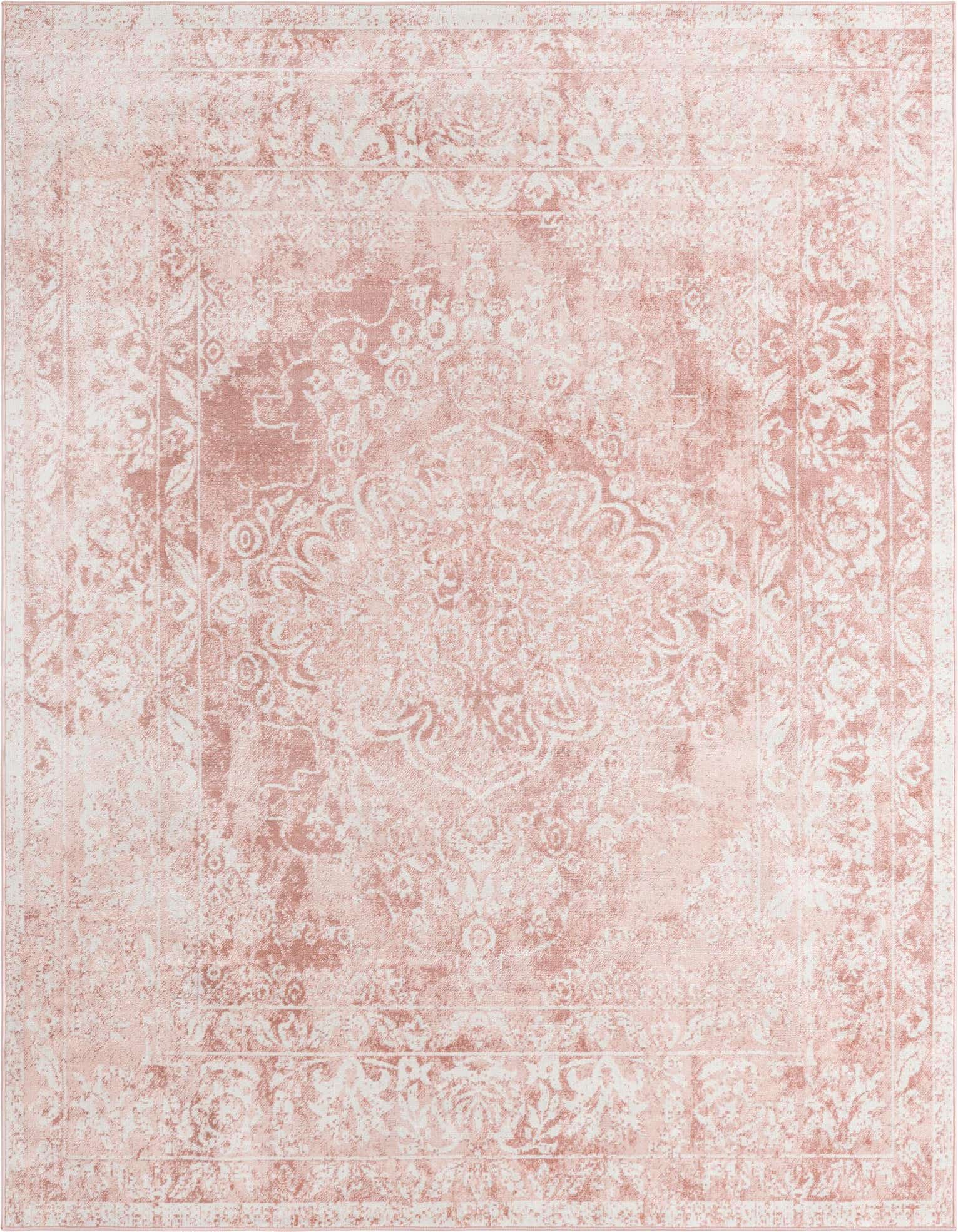An 8x10 rectangular pink and white traditional area rug with a vintage medallion pattern and distressed finish.