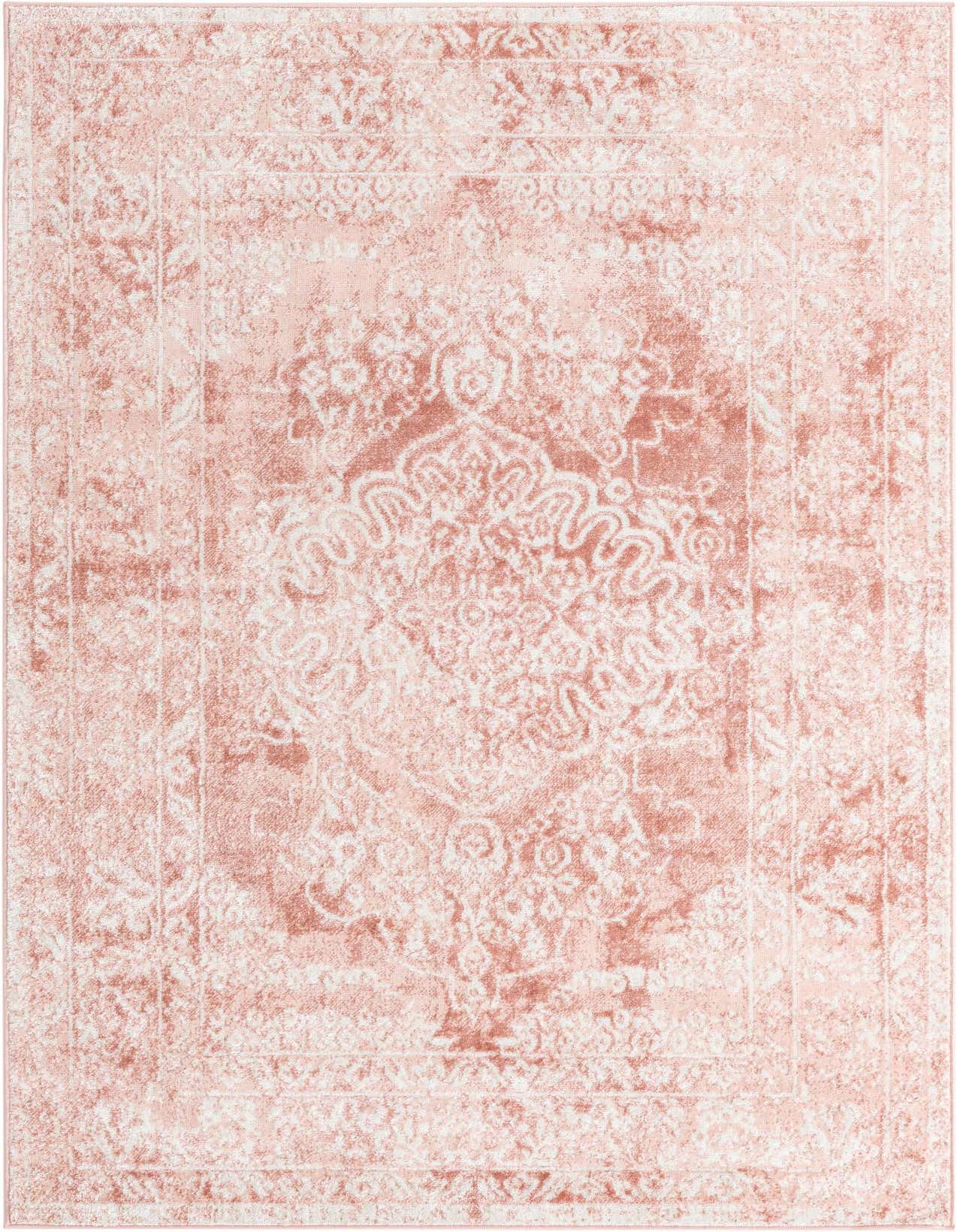 A 5x8 rectangular pink and white traditional area rug with a vintage medallion pattern, ideal for a living room.