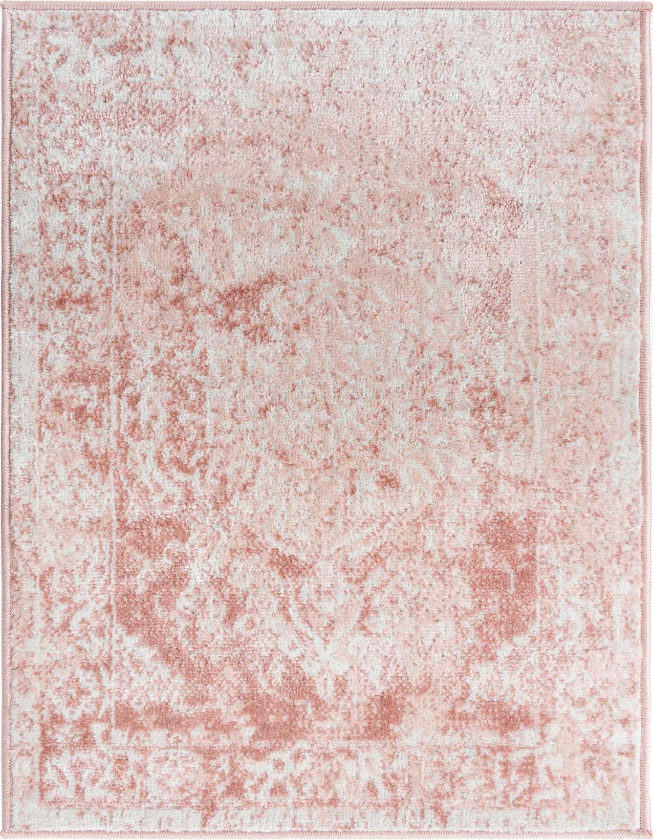 A 2x3 rectangular Rugs.com Oxford rug featuring a distressed pink and white traditional medallion pattern, ideal for an entryway.