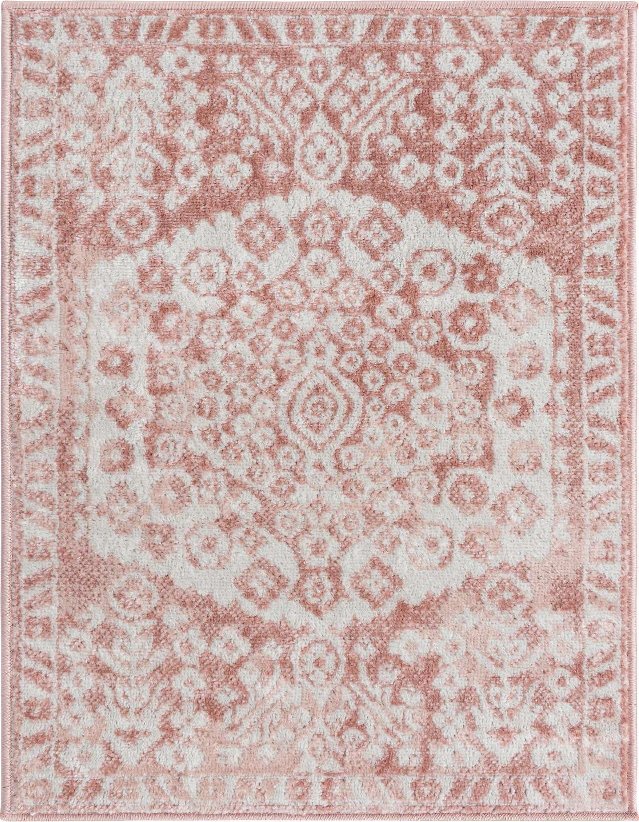 A 2x3 rectangular Oxford collection rug featuring a distressed pink and white medallion pattern with Bohemian and traditional influences.