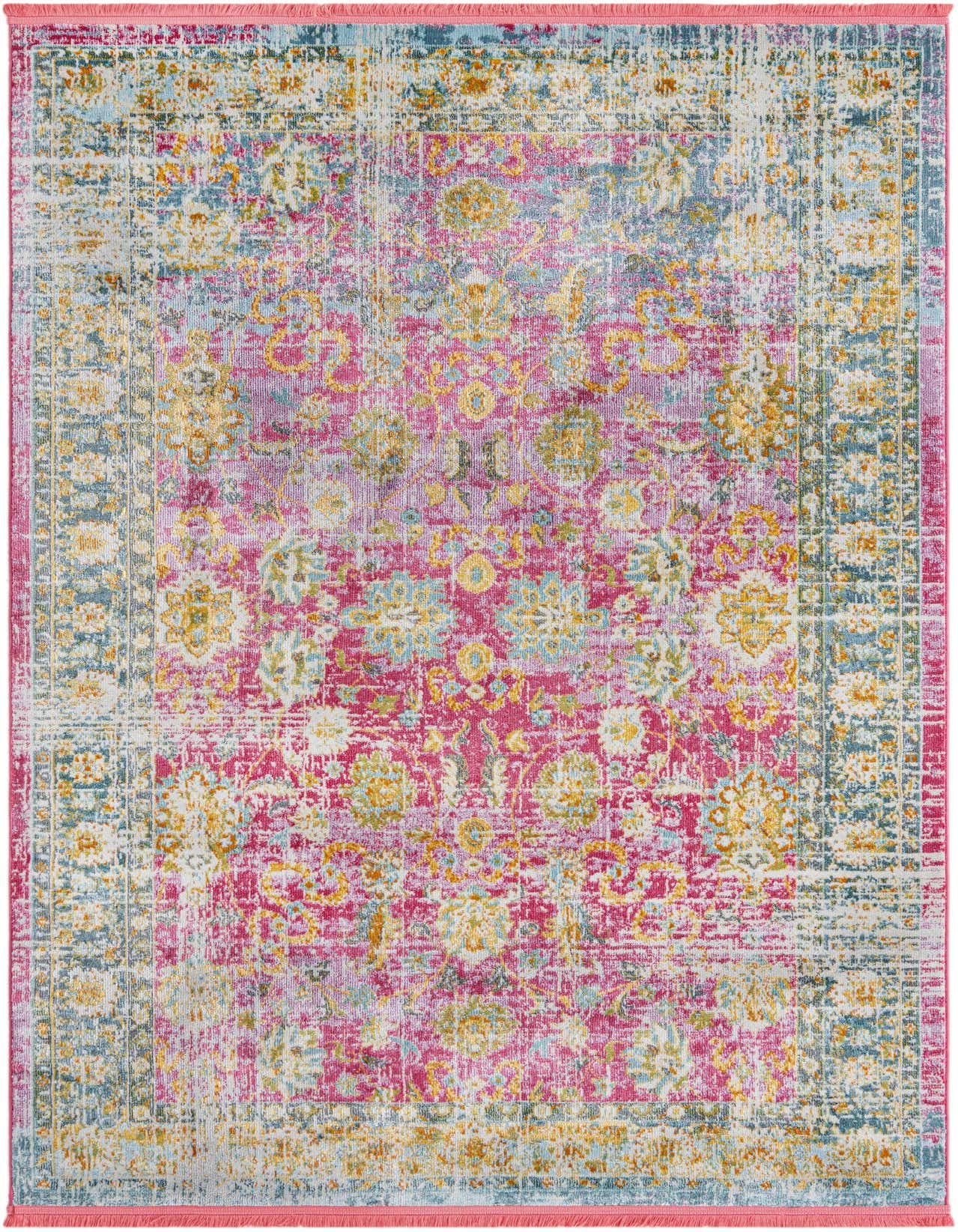 A 5x8 rectangular Paragon rug with a distressed traditional floral pattern in vibrant pinks, blues, and yellows.