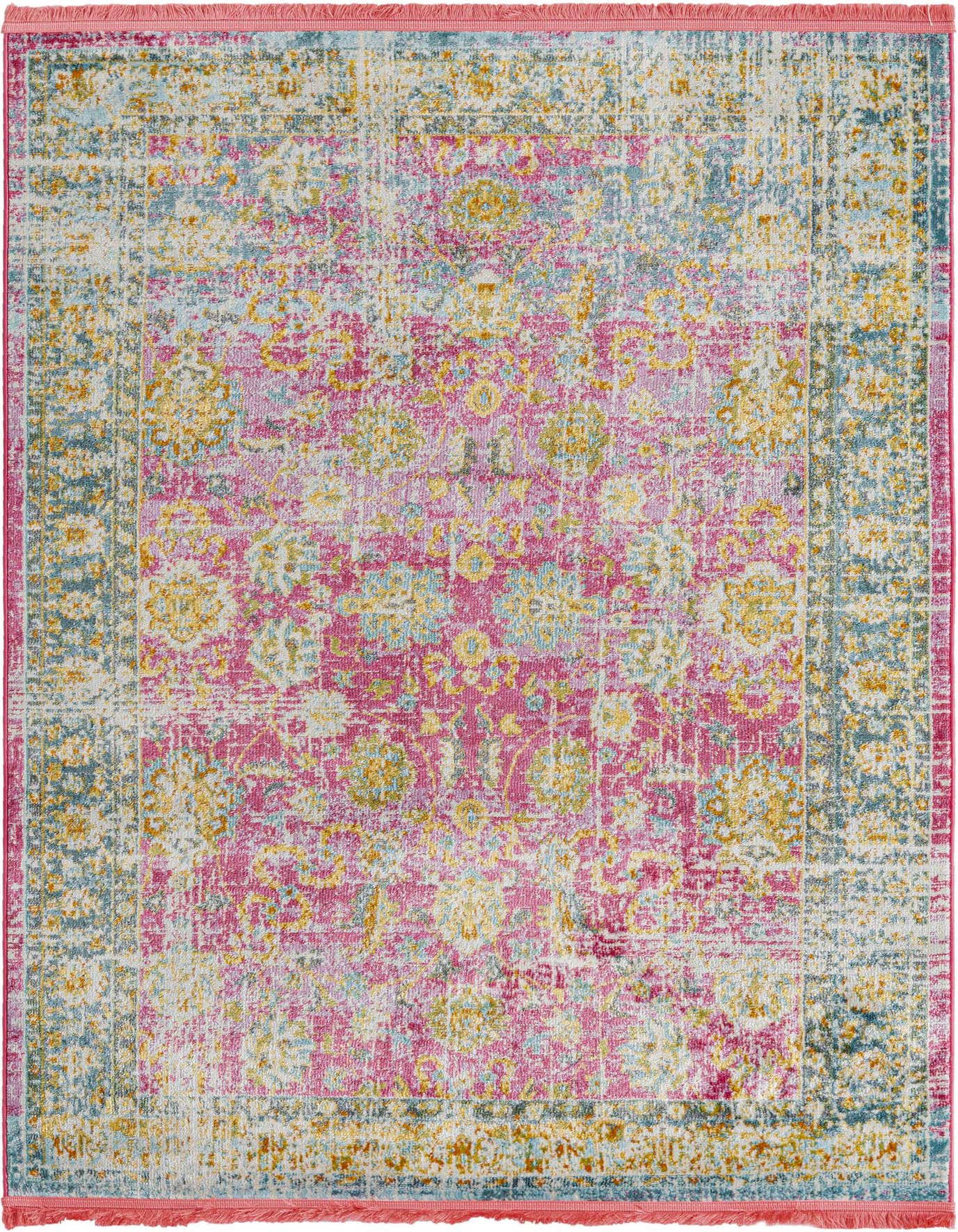 A 4x6 rectangular Rugs.com Paragon rug featuring a distressed traditional floral pattern in vibrant pinks, blues, and yellows.