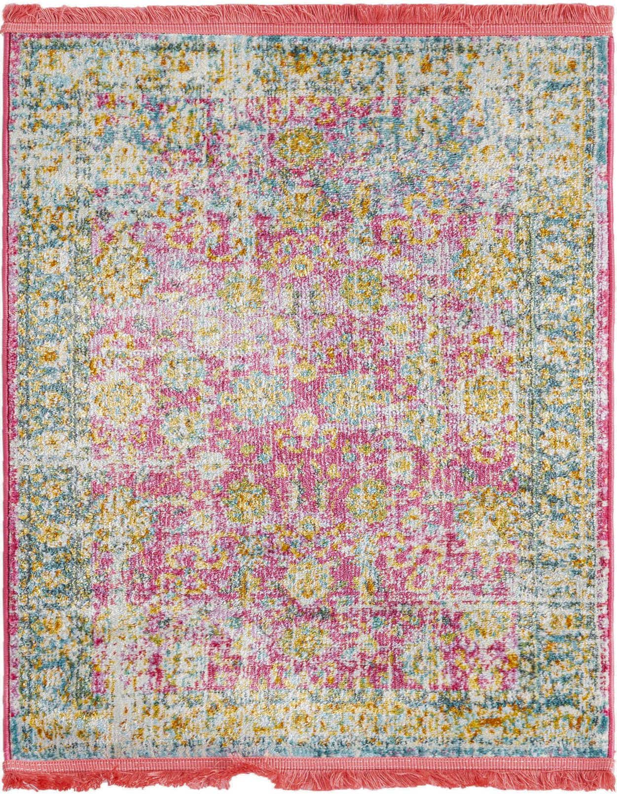 A 2x3 rectangular indoor rug featuring a distressed traditional floral pattern in vibrant pinks, blues, and yellows.