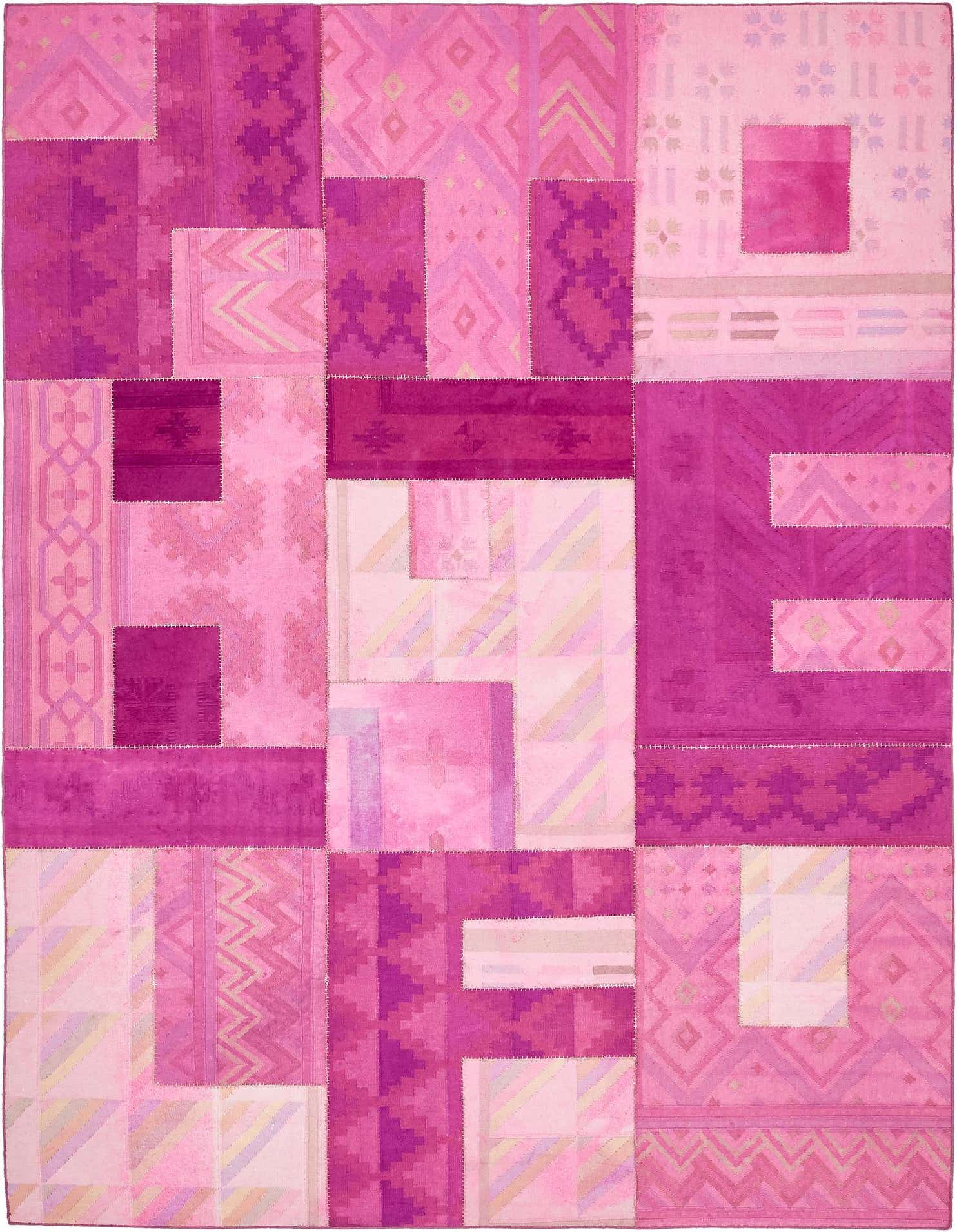 A 7x10 rectangular modern patchwork wool rug in various shades of pink, featuring geometric and abstract patterns.