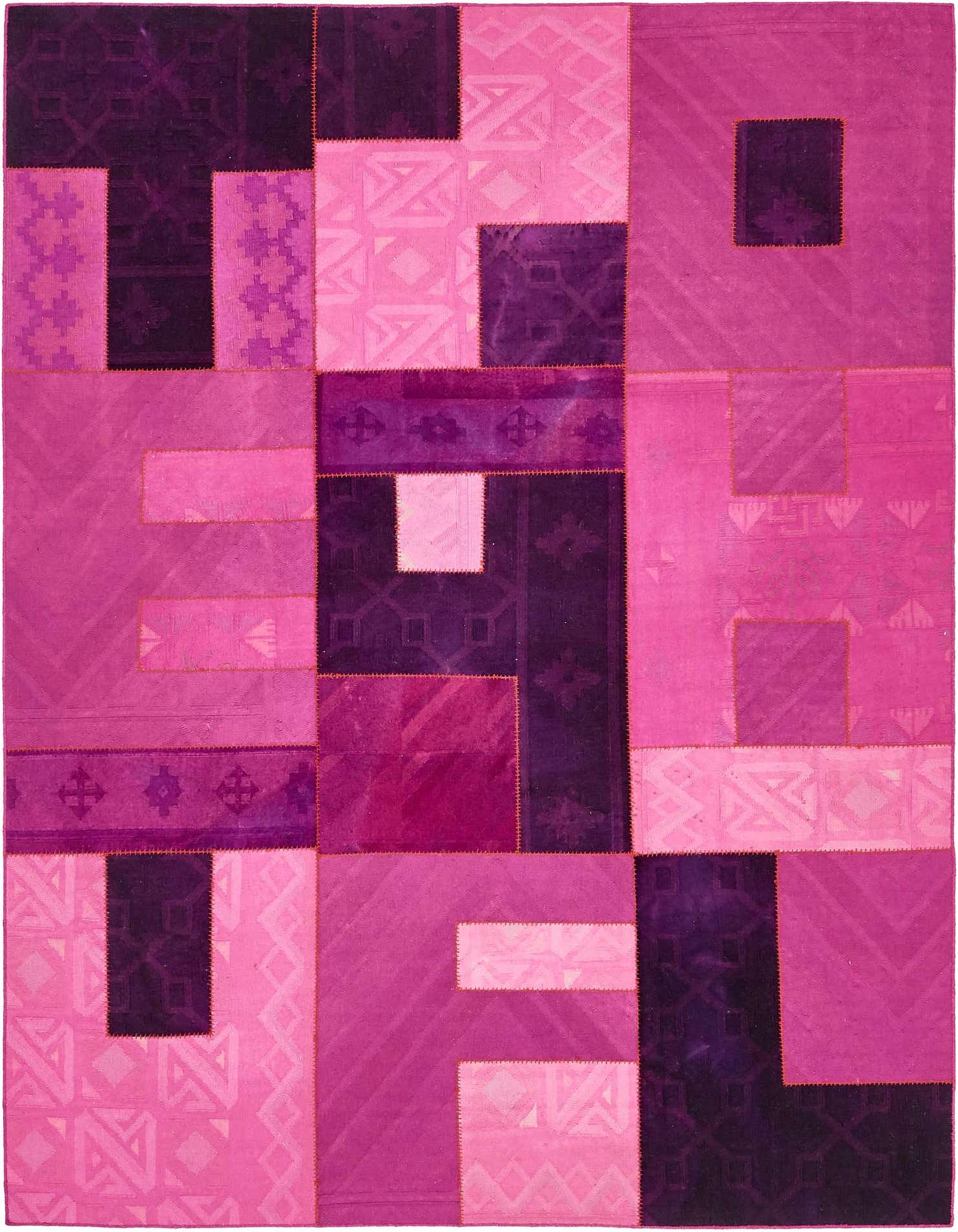 A 7x10 rectangular modern patchwork rug in various shades of pink and purple, featuring abstract geometric patterns.