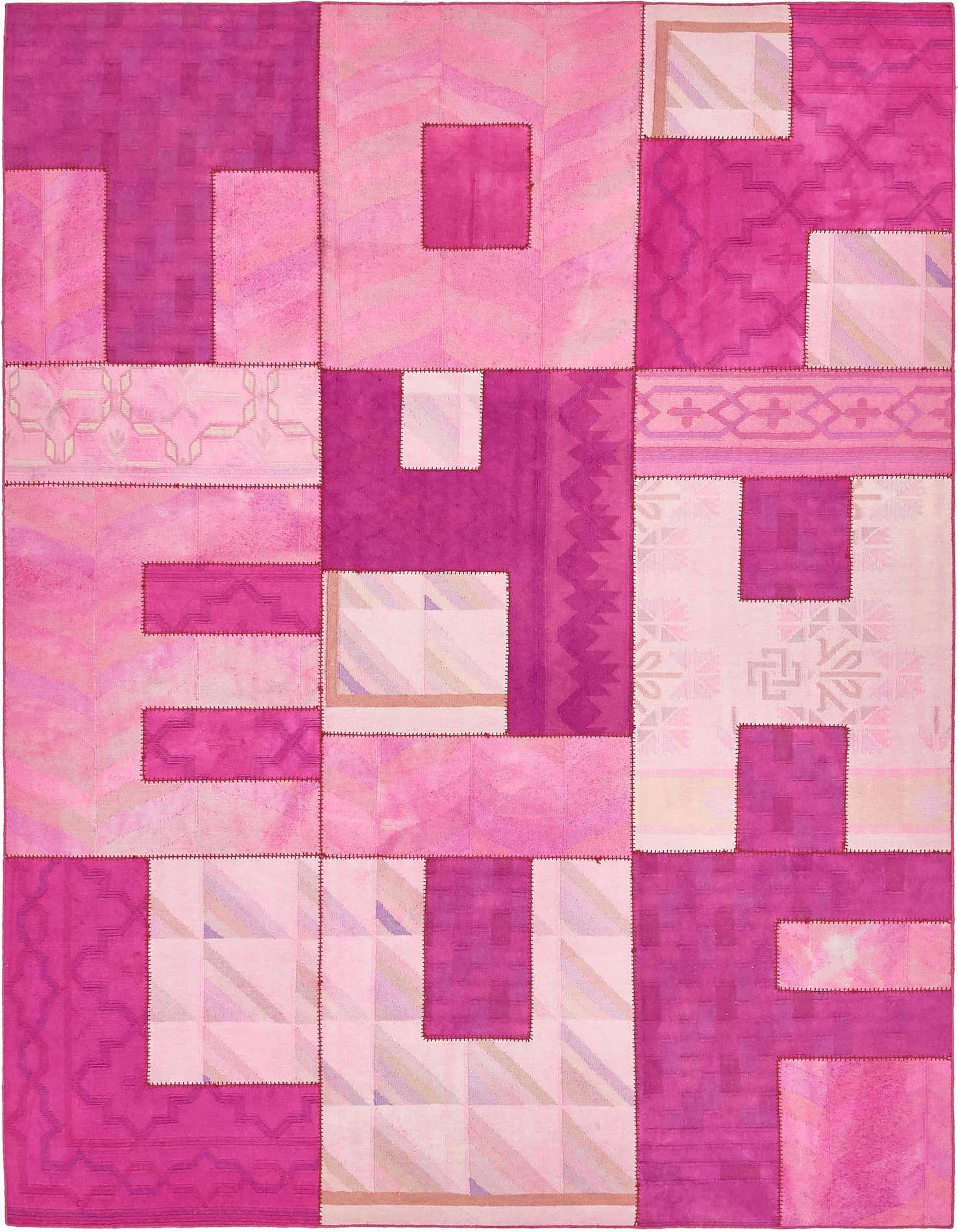 A 7x10 rectangular patchwork rug in various shades of pink, featuring abstract and geometric patterns.