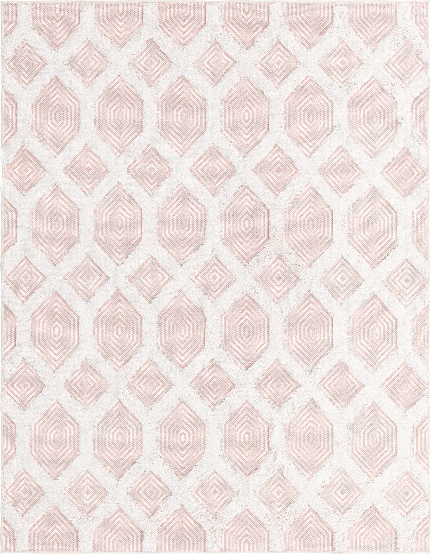 A 4x6 rectangular pink and white modern rug featuring an abstract geometric pattern of textured hexagons and diamonds.