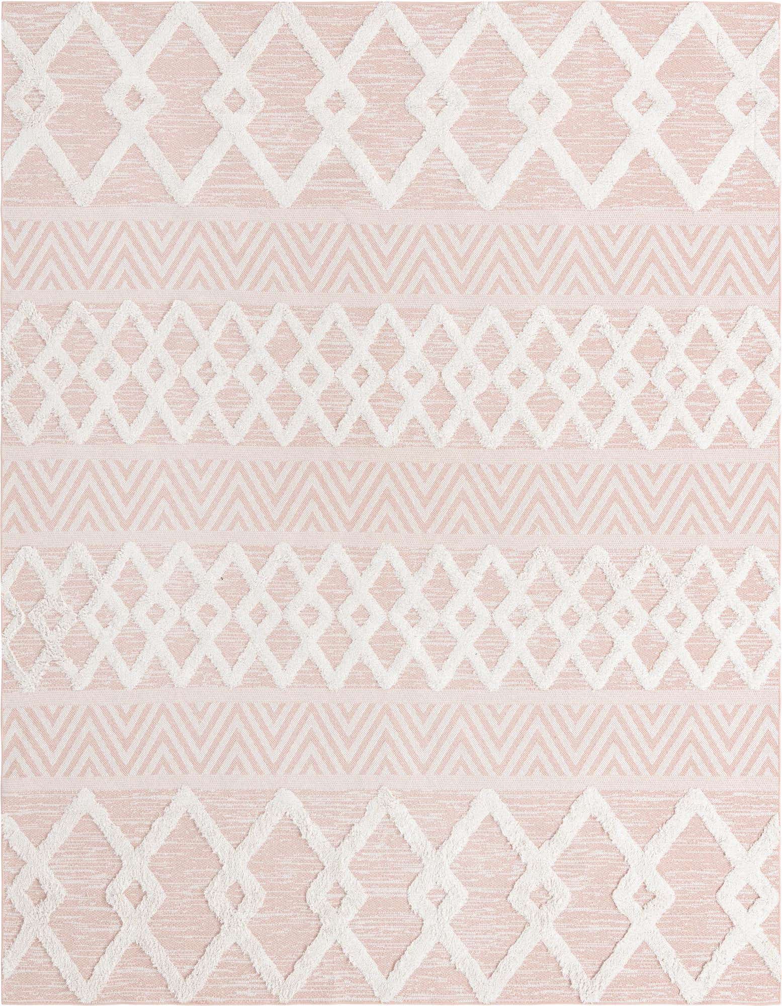 An 8x10 rectangular pink and white tribal rug with textured geometric patterns, ideal for a living room.