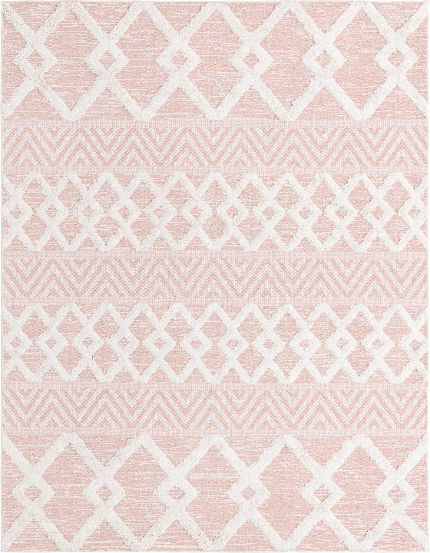 A 6x9 rectangular pink and white tribal area rug with textured geometric patterns, ideal for a living room.