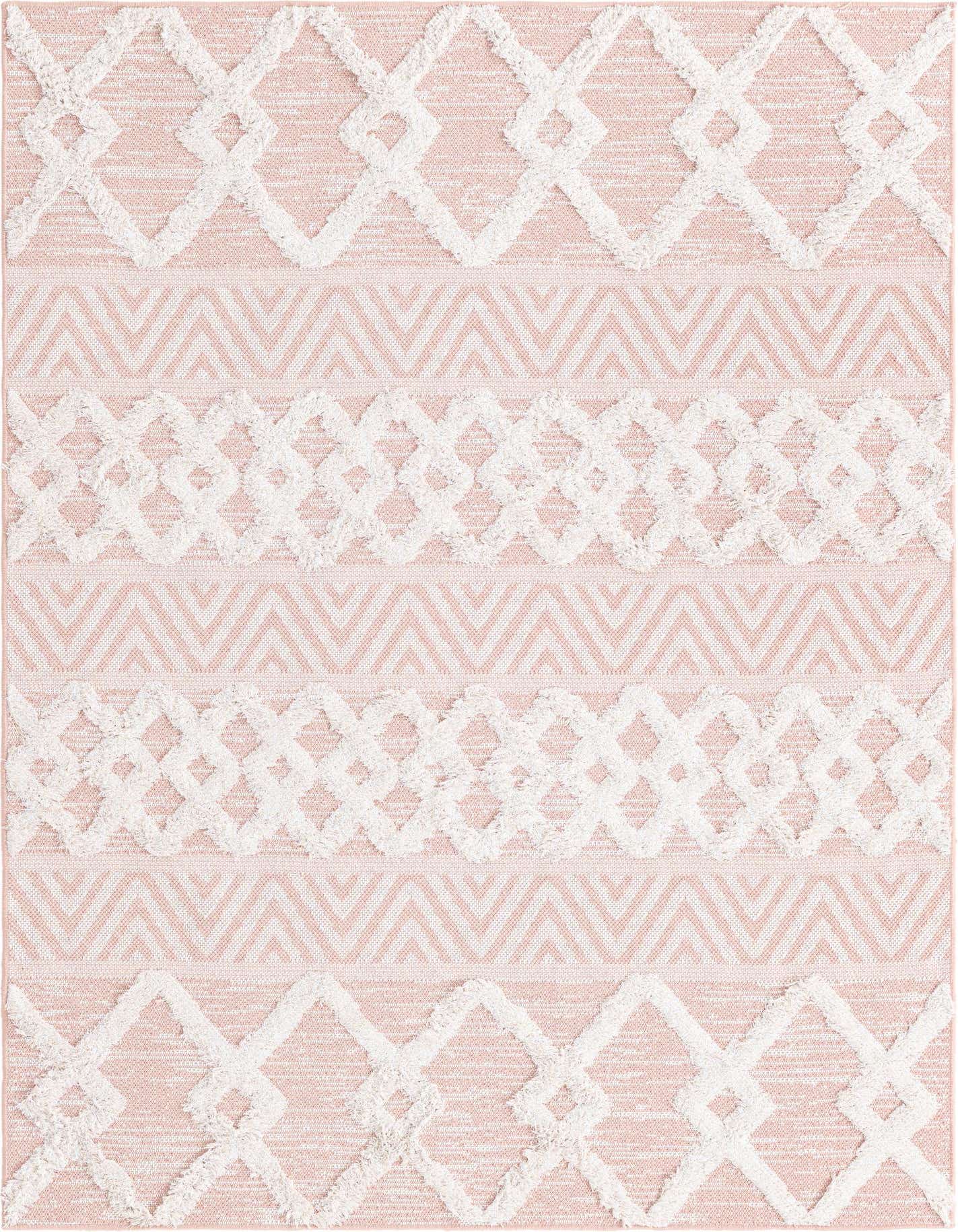 A 4x6 rectangular pink and white tribal rug with textured high pile diamond and chevron patterns.
