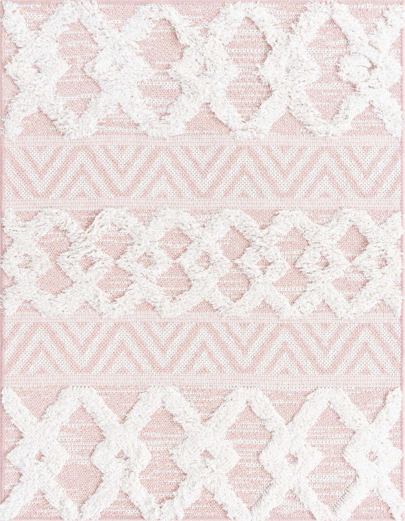 A 2x3 rectangular pink and white tribal rug with textured high pile abstract patterns, ideal for indoor spaces.