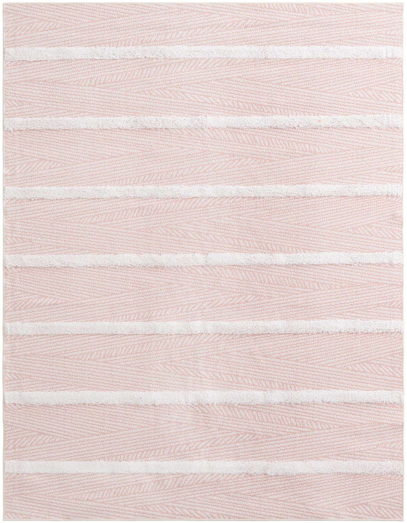 A 5x8 rectangular pink and white striped rug with a modern, textured flatweave design, perfect for a living room.