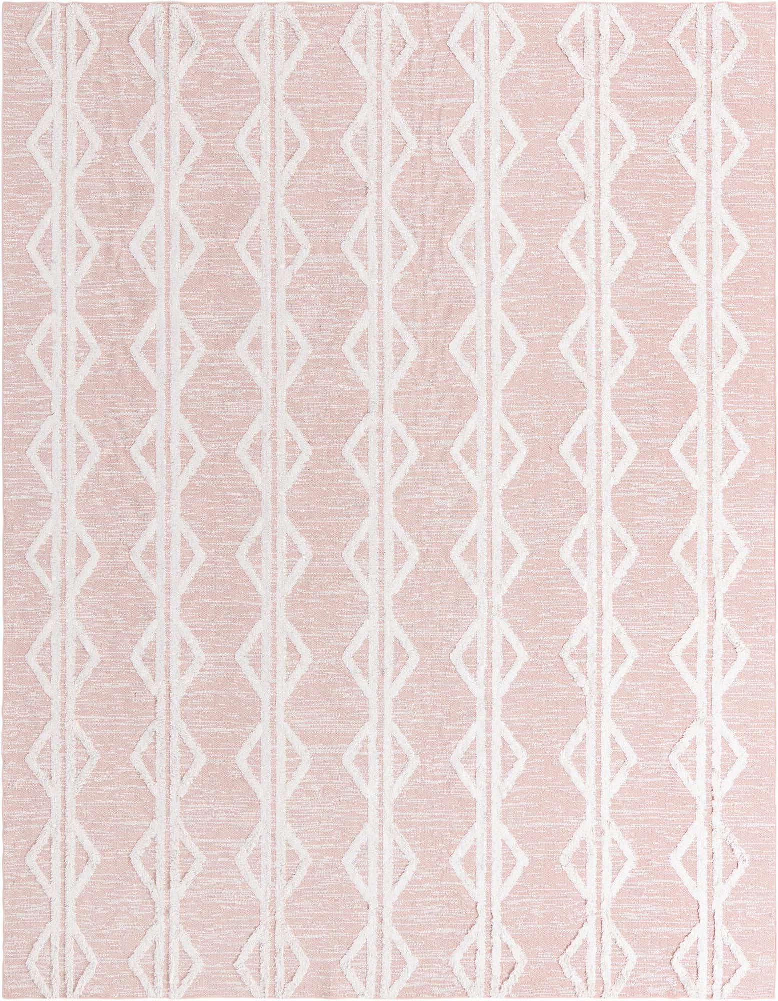A 9x12 rectangular pink cotton rug with a modern tribal stripe pattern of raised white diamonds.