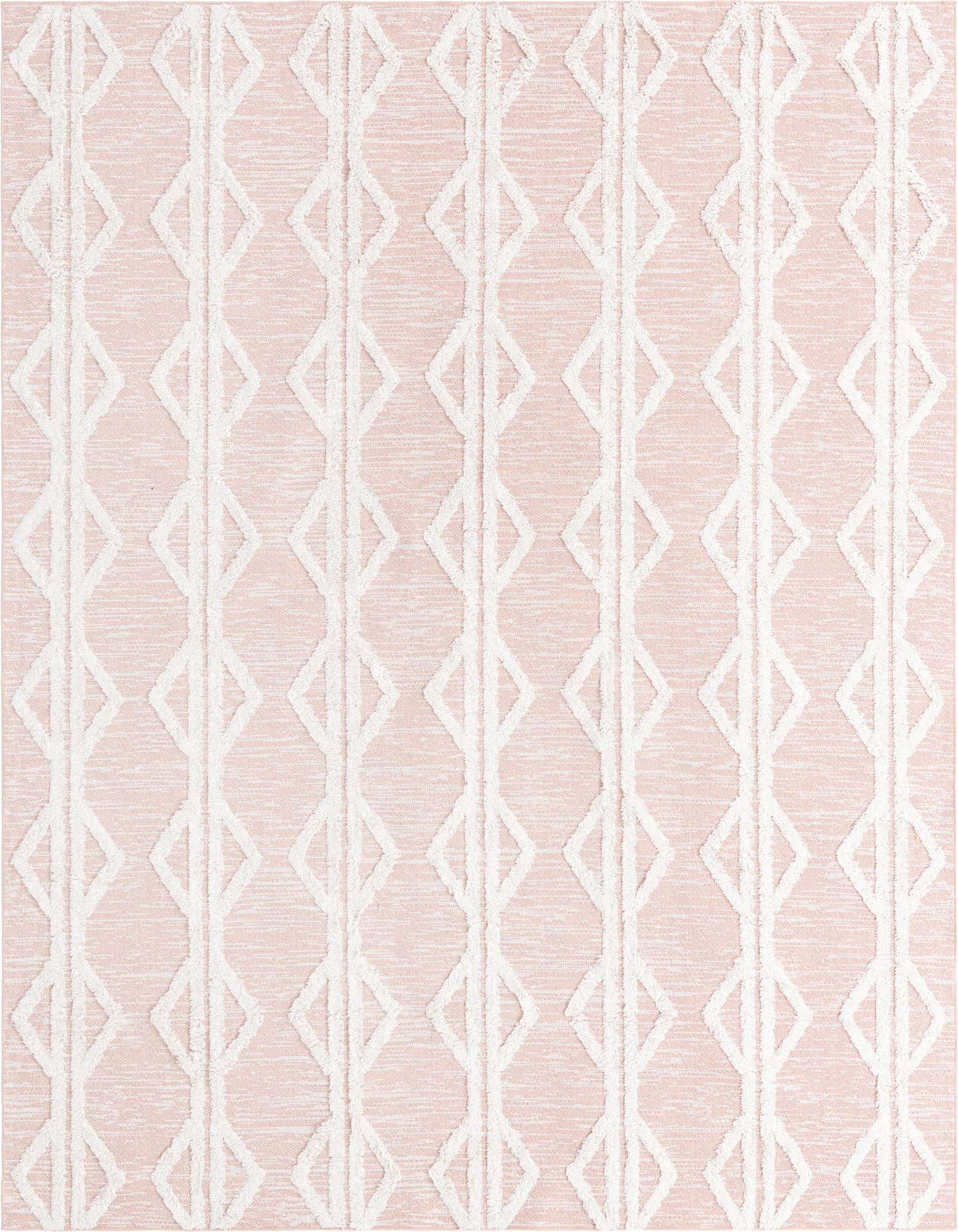 A close-up of an 8x10 rectangular pink rug with a textured white tribal diamond and stripe pattern.