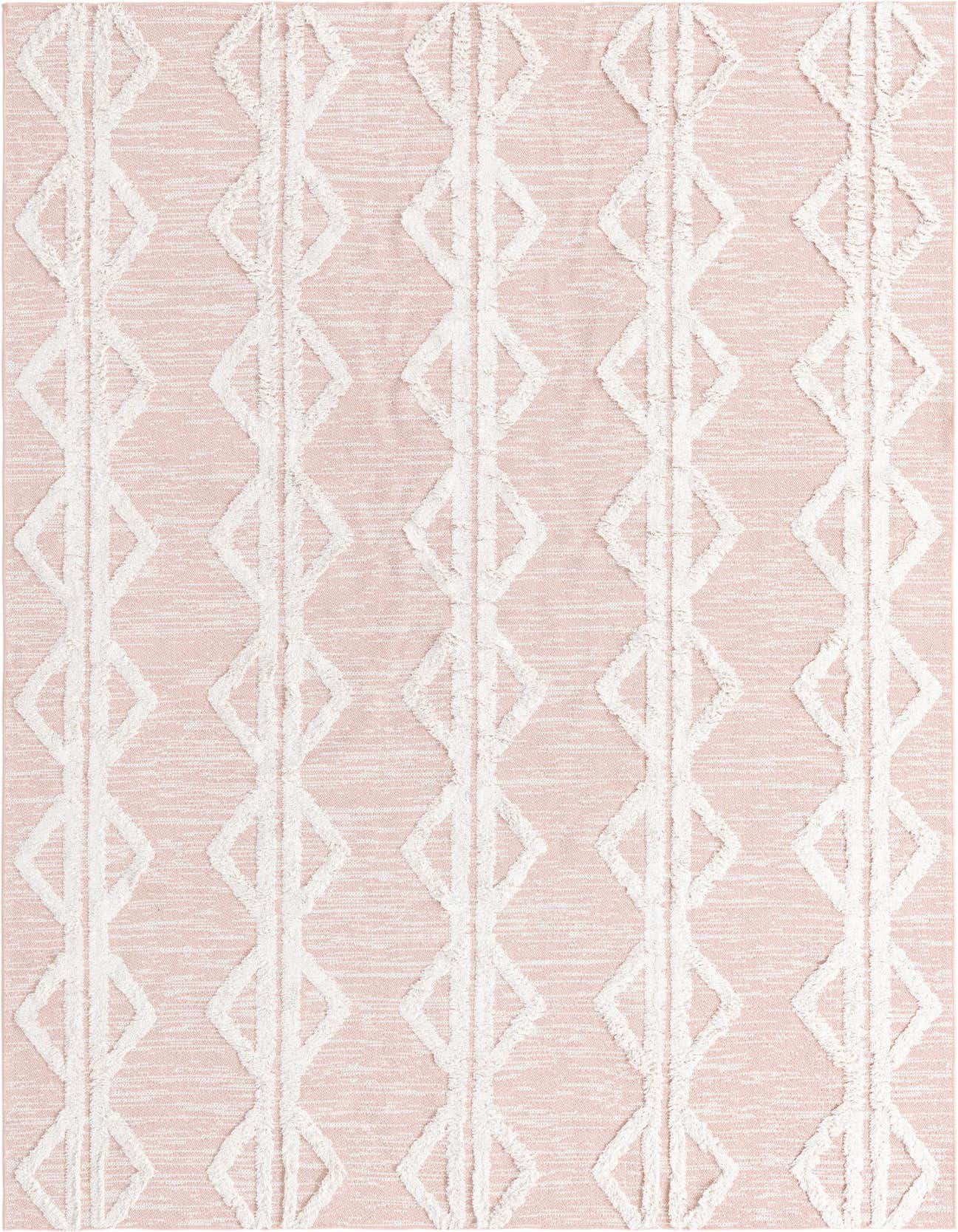 A 5x8 rectangular pink and white tribal rug with textured diamond and stripe patterns, perfect for a living room.