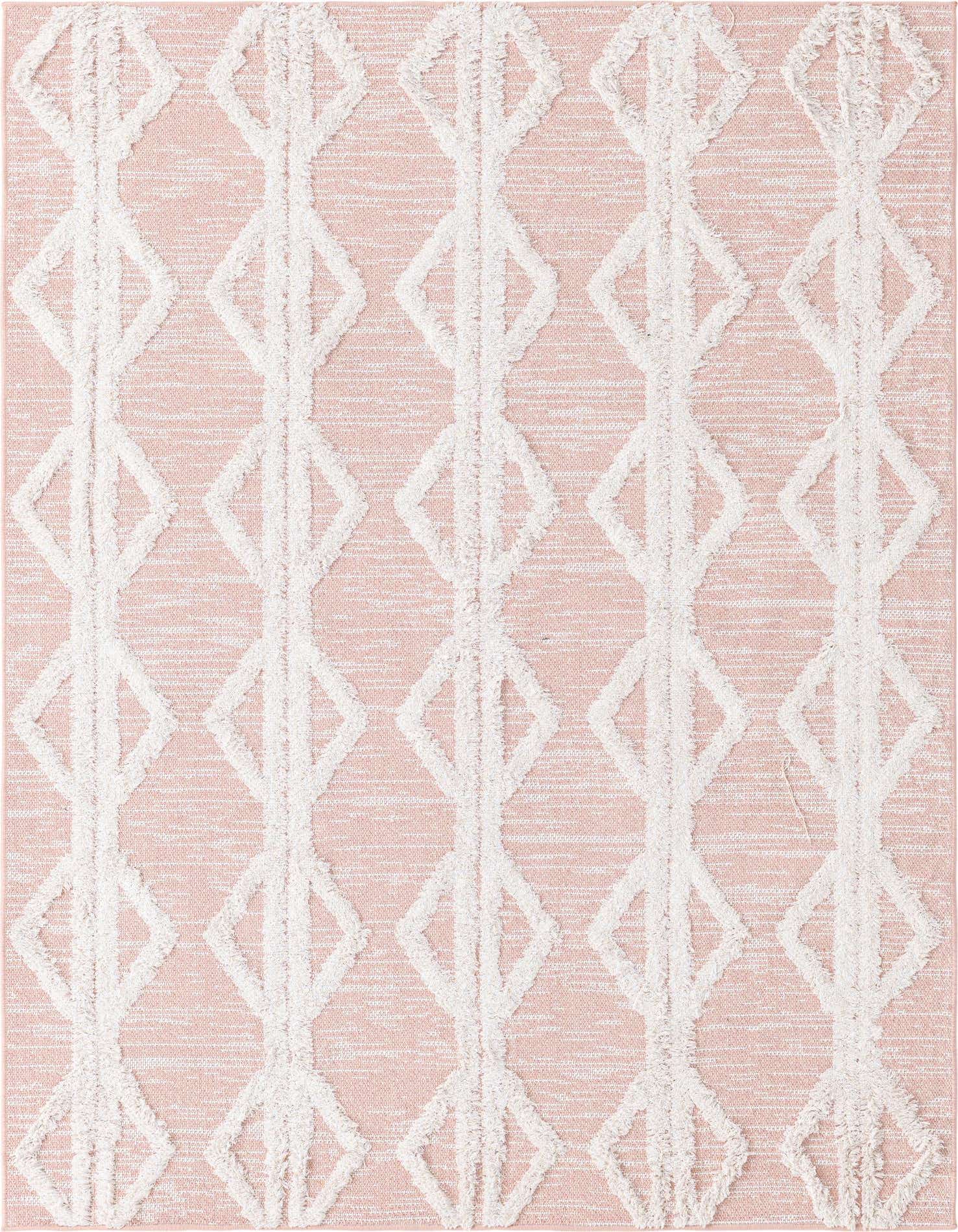 A 4x6 rectangular pink and white tribal rug with a modern stripe pattern, featuring textured diamond shapes.