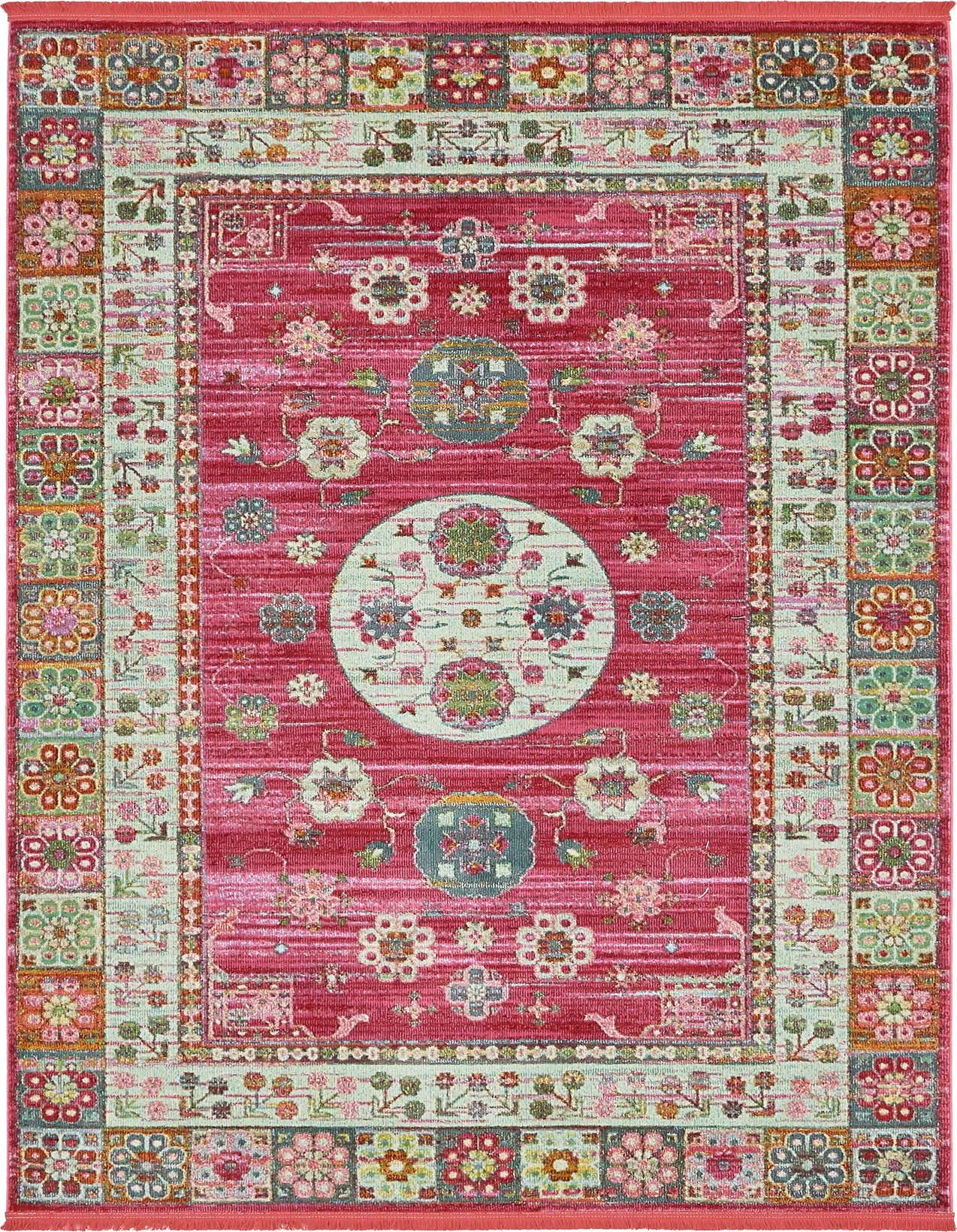 A 5x8 rectangular Santiago rug in shades of pink, featuring a distressed traditional medallion and floral border.