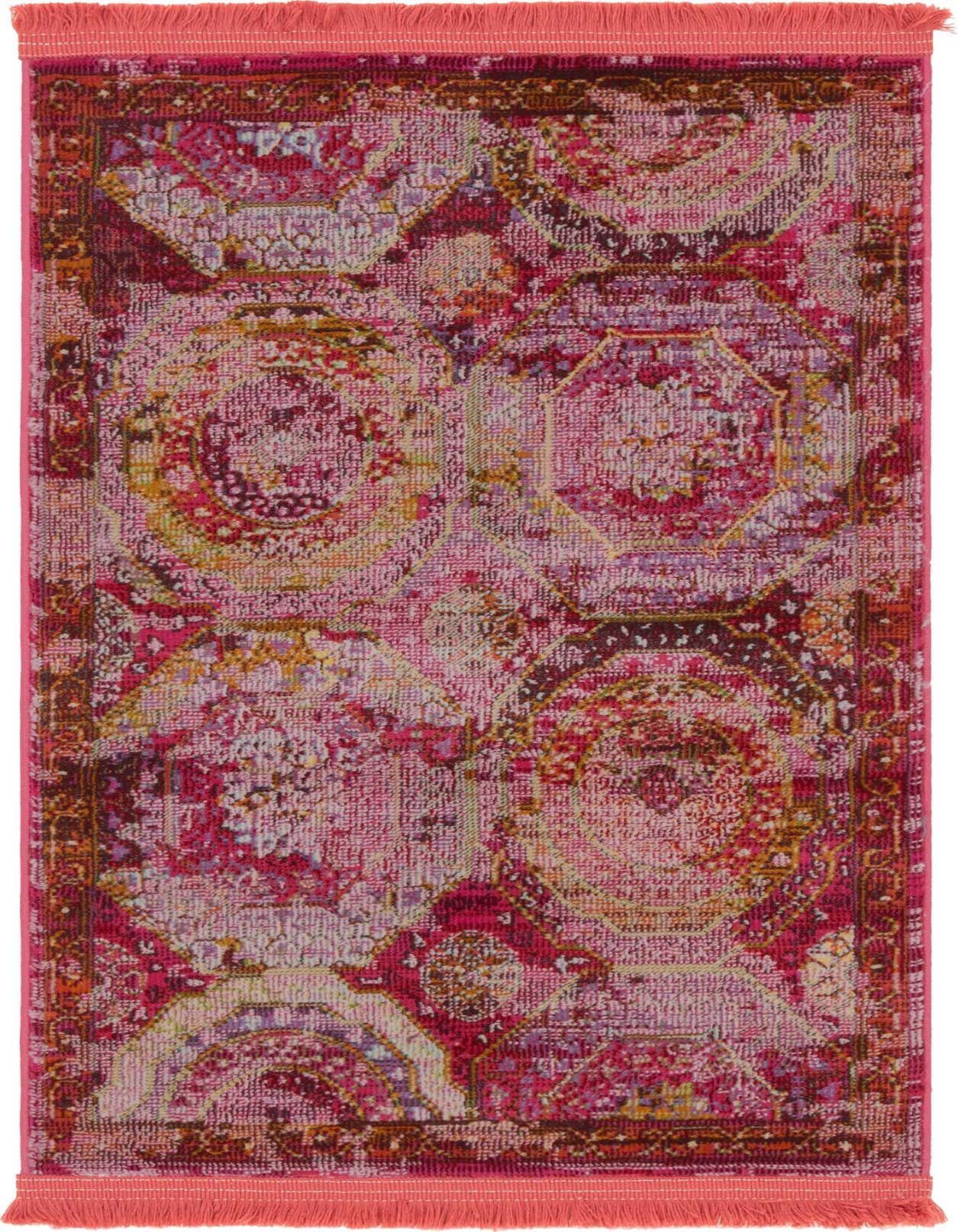 A 2x3 rectangular pink bohemian rug with a distressed medallion pattern and fringe, ideal for an entryway.