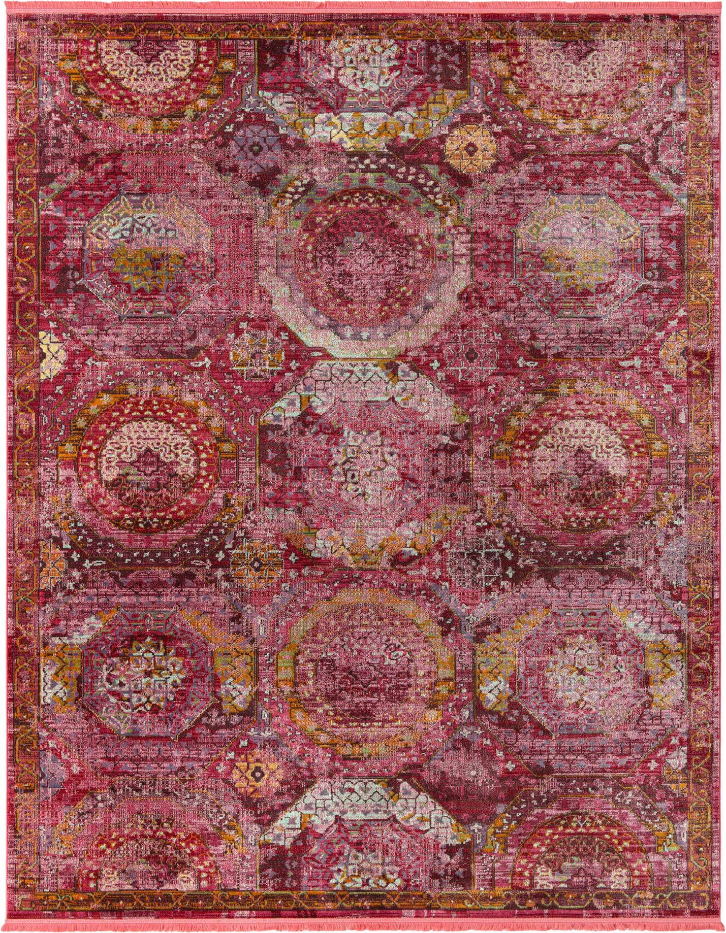 A vibrant 8x11 rectangular Santiago rug featuring a distressed medallion and bohemian pattern in various shades of pink.